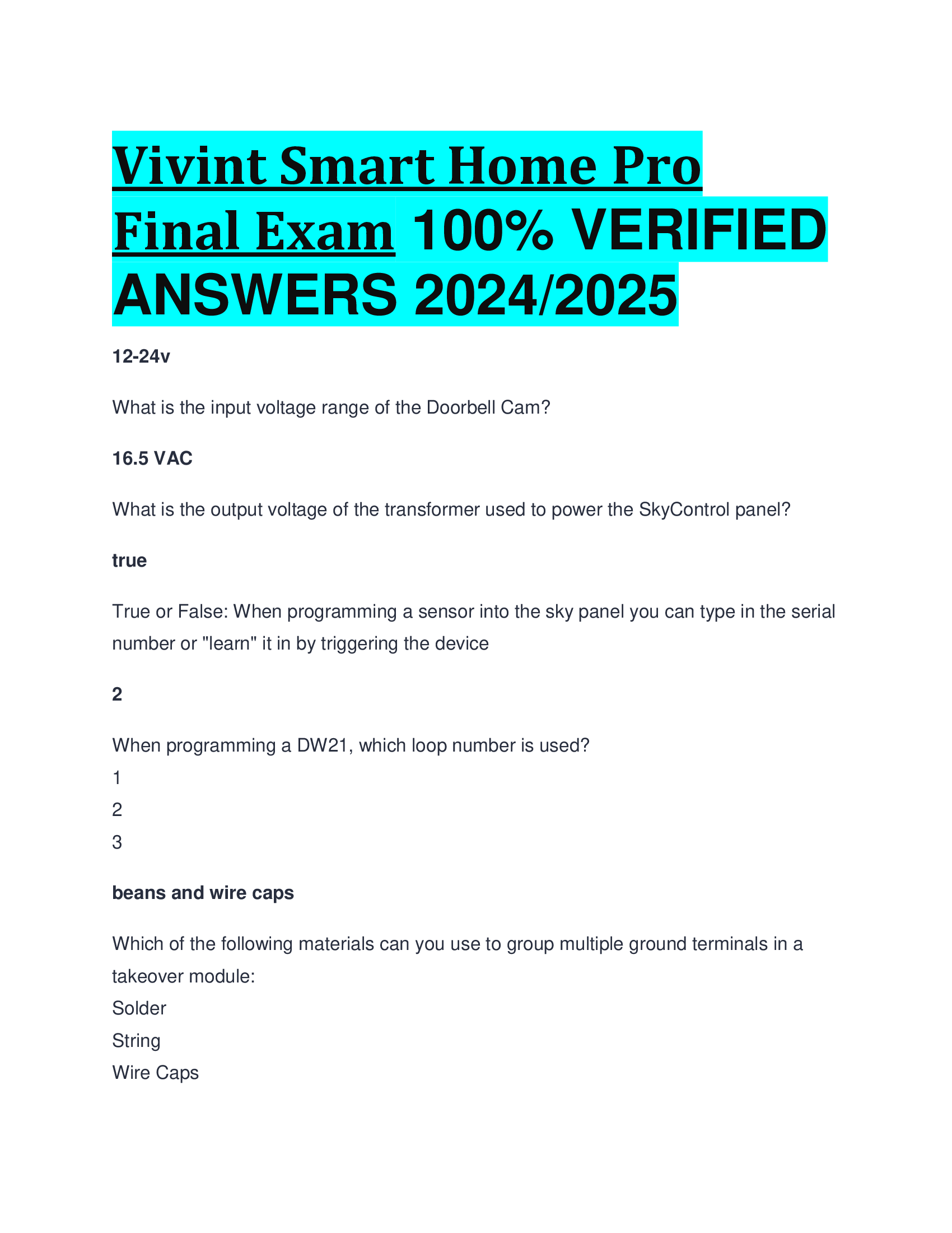 Vivint Smart Home Pro Final Exam VERIFIED  ANSWERS 2024, 2026