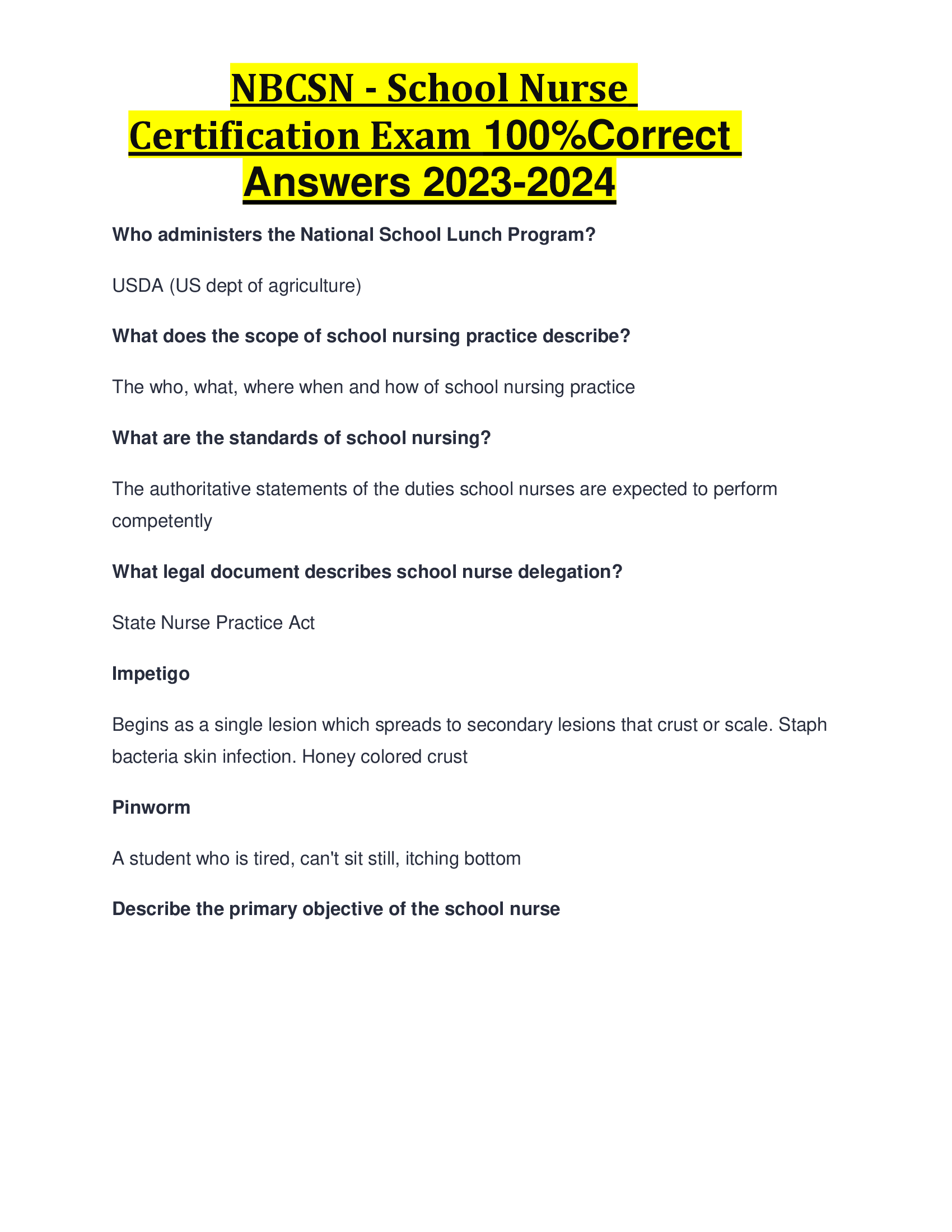NBCSN - School Nurse Certification Exam Correct Answers 2023-2024