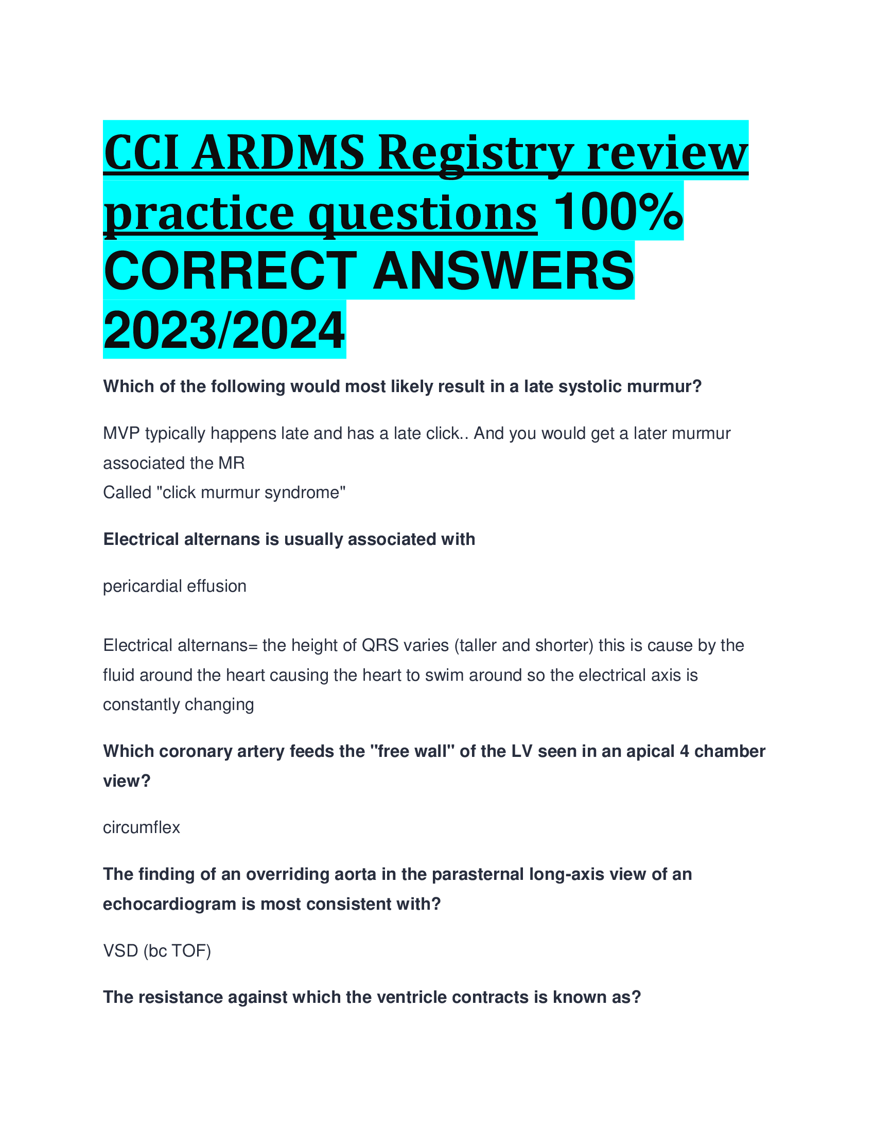 CCI ARDMS Registry review practice questions  CORRECT ANSWERS  2023,2024