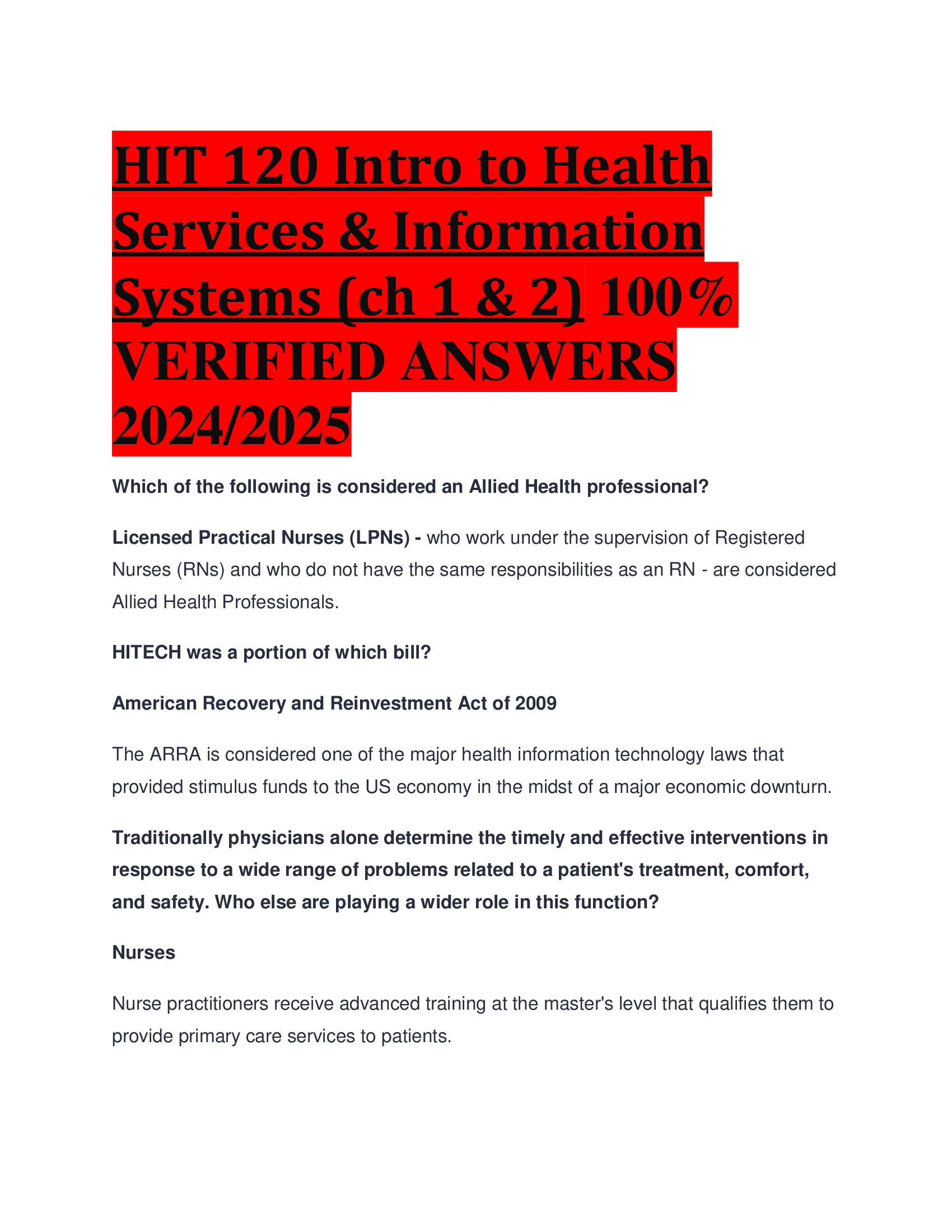 HIT 120 Intro to Health Services & Information Systems (ch 1 & 2) VERIFIED ANSWERS  2024, 2026