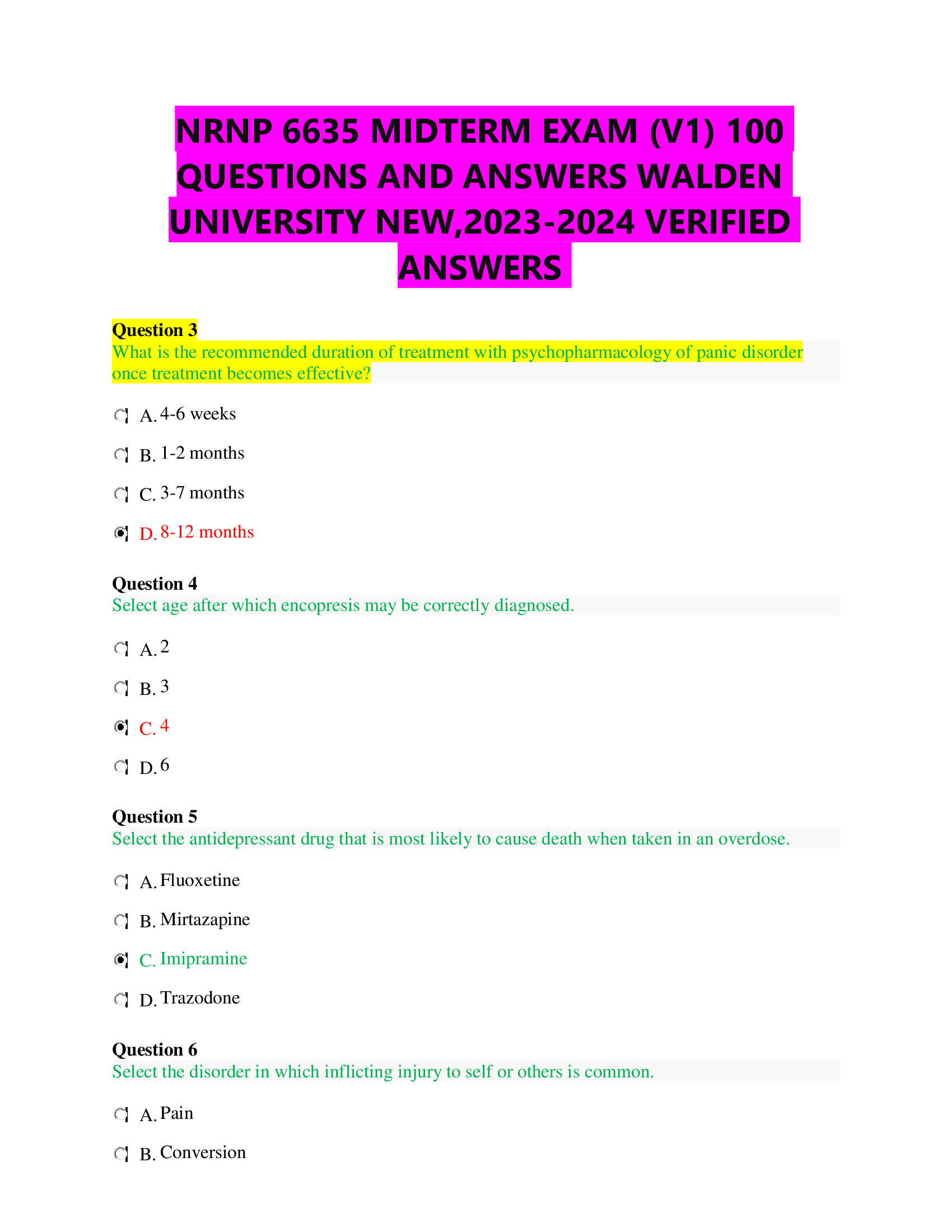 BEST REVIEW NRNP 6635 MIDTERM EXAM (V1) 100 Percent  QUESTIONS AND ANSWERS WALDEN  UNIVERSITY NEW,2023-2024 VERIFIED  ANSWERS
