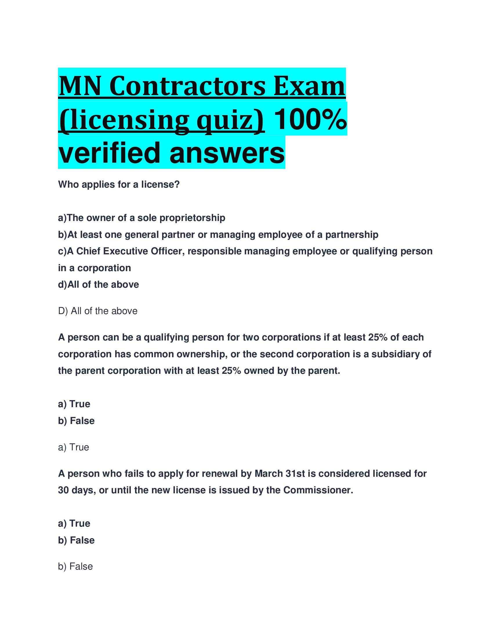 MN Contractors Exam (licensing quiz)   verified answers 2024,2026