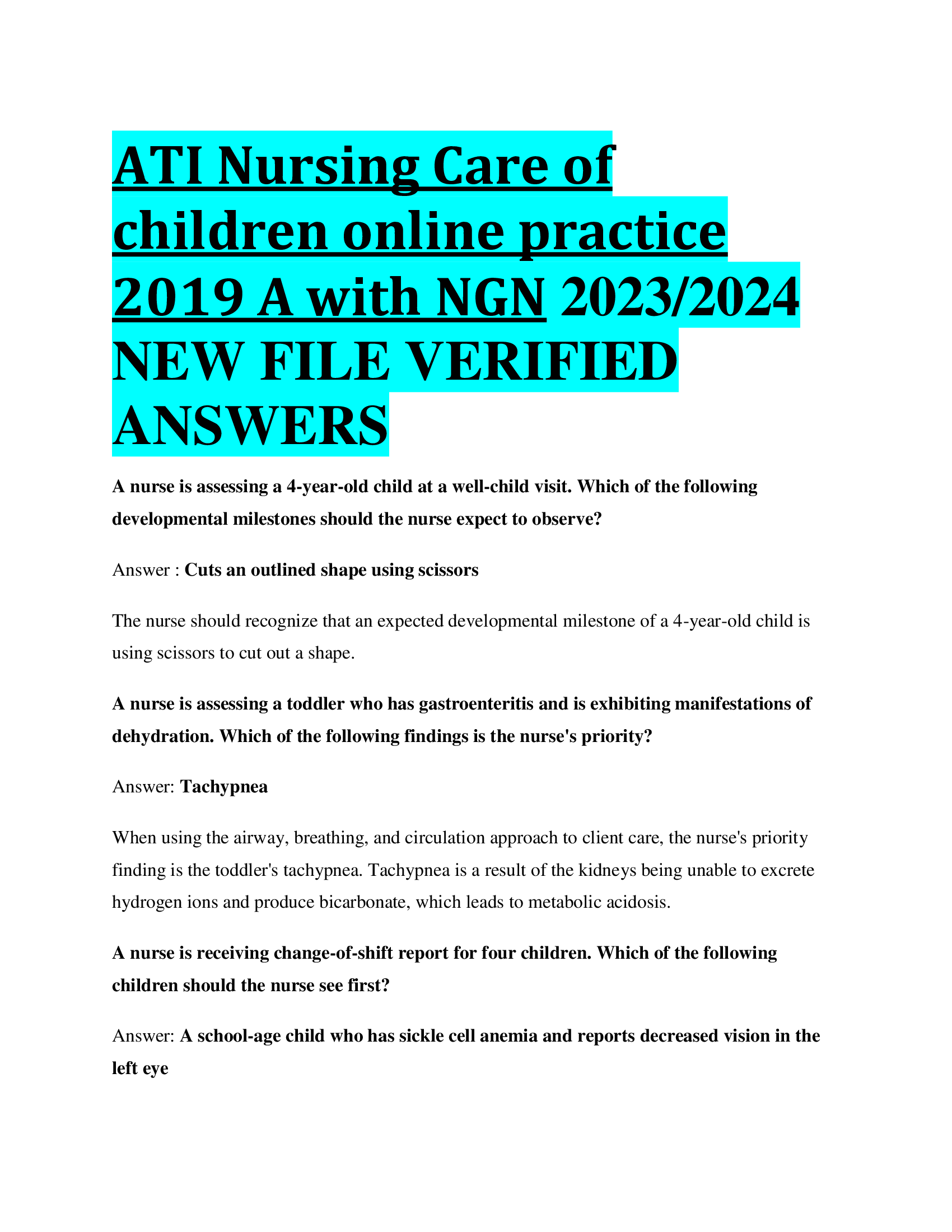 ATI Nursing Care of children online practice 2019 A with NGN 2023,2024  NEW FILE VERIFIED  ANSWERS