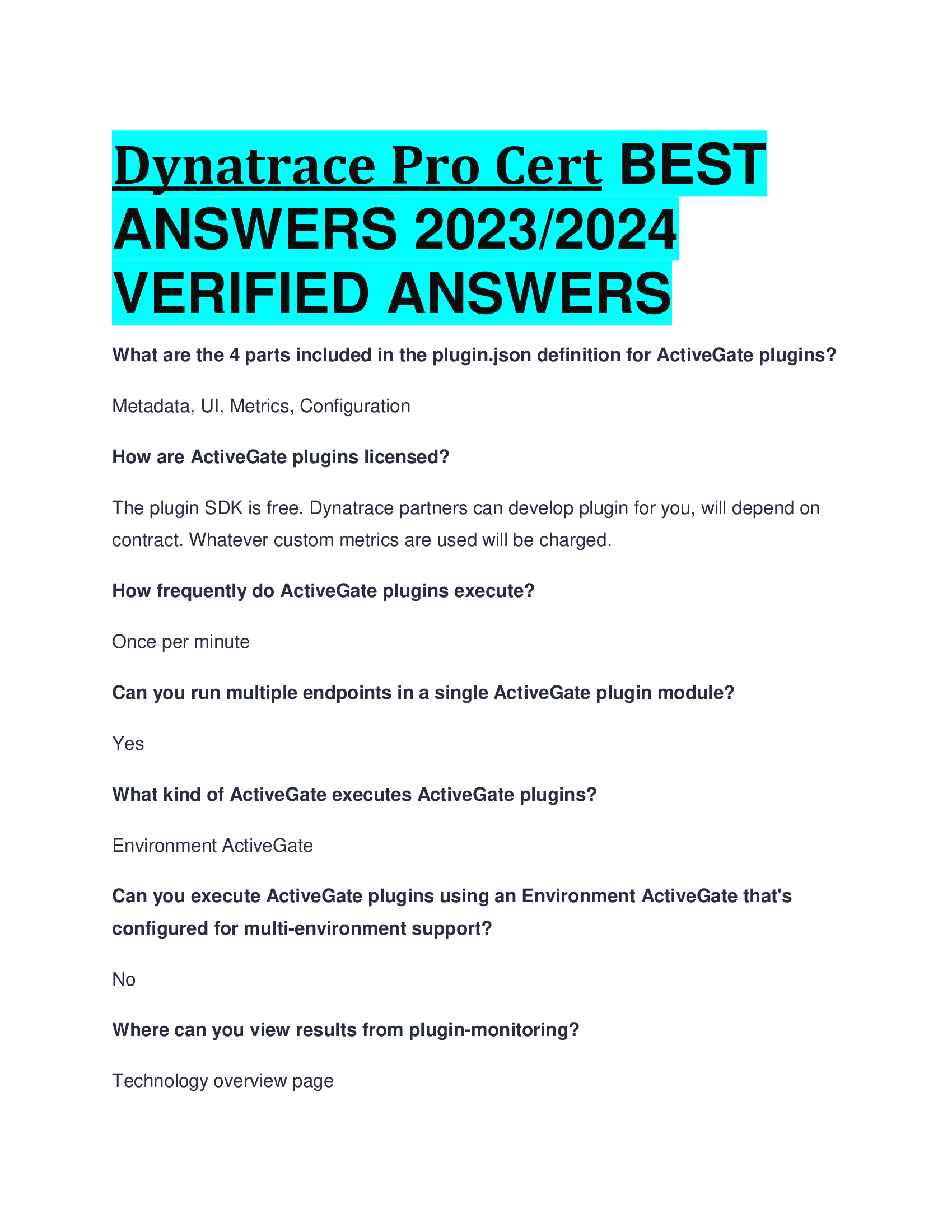 Dynatrace Pro Cert BEST  ANSWERS 2023,2024  VERIFIED ANSWERS