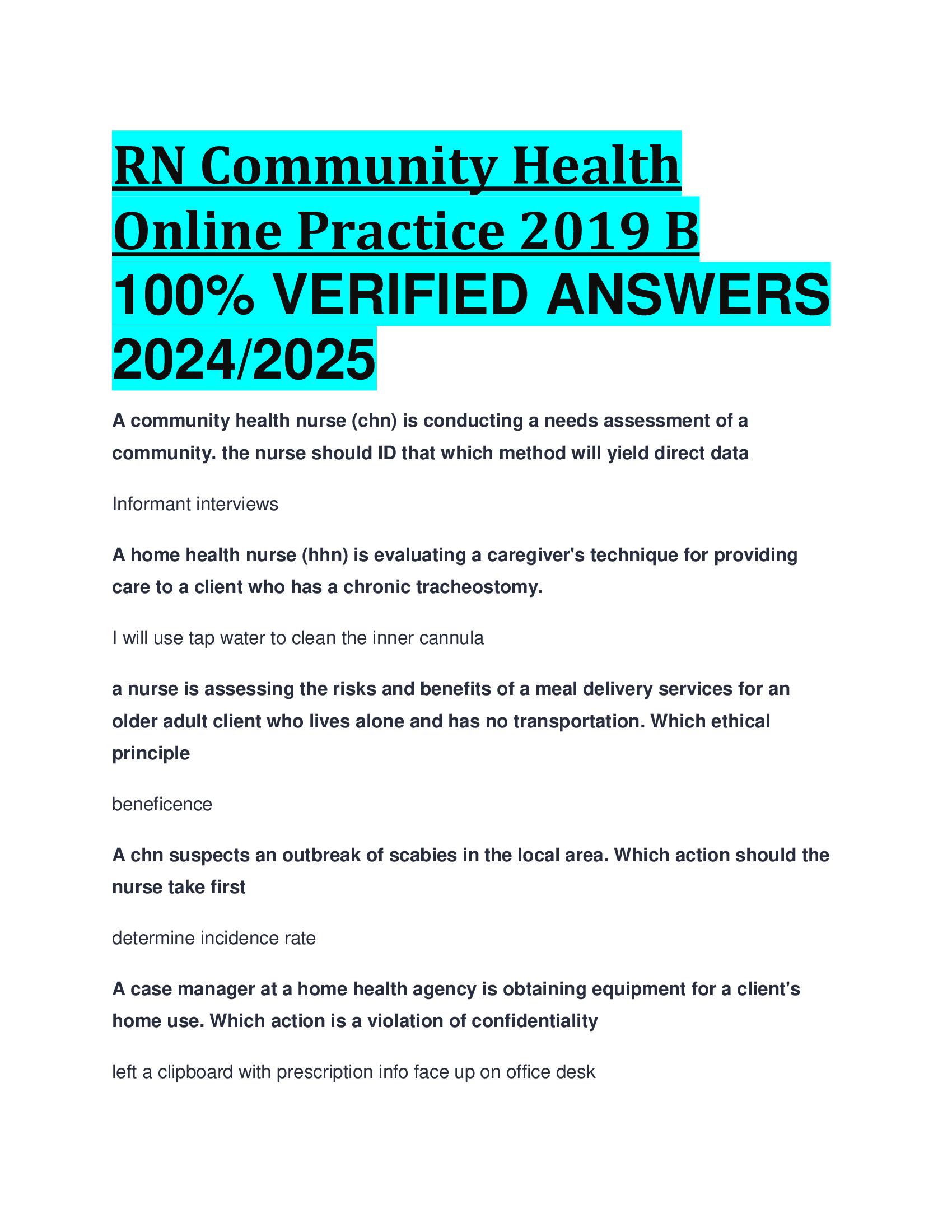 RN Community Health Online Practice 2019 B VERIFIED ANSWERS  20242026