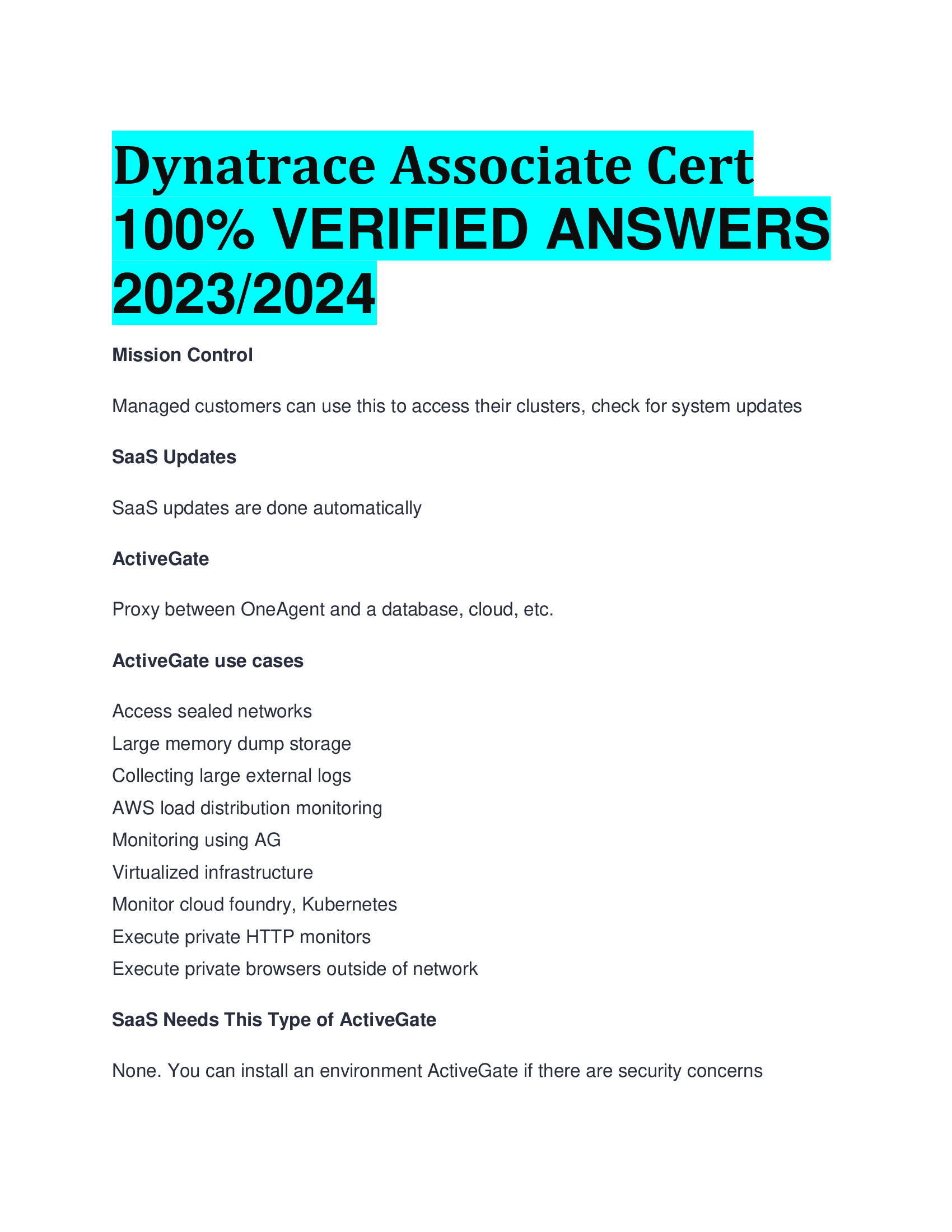 Dynatrace Associate Cert VERIFIED ANSWERS  2023,2024
