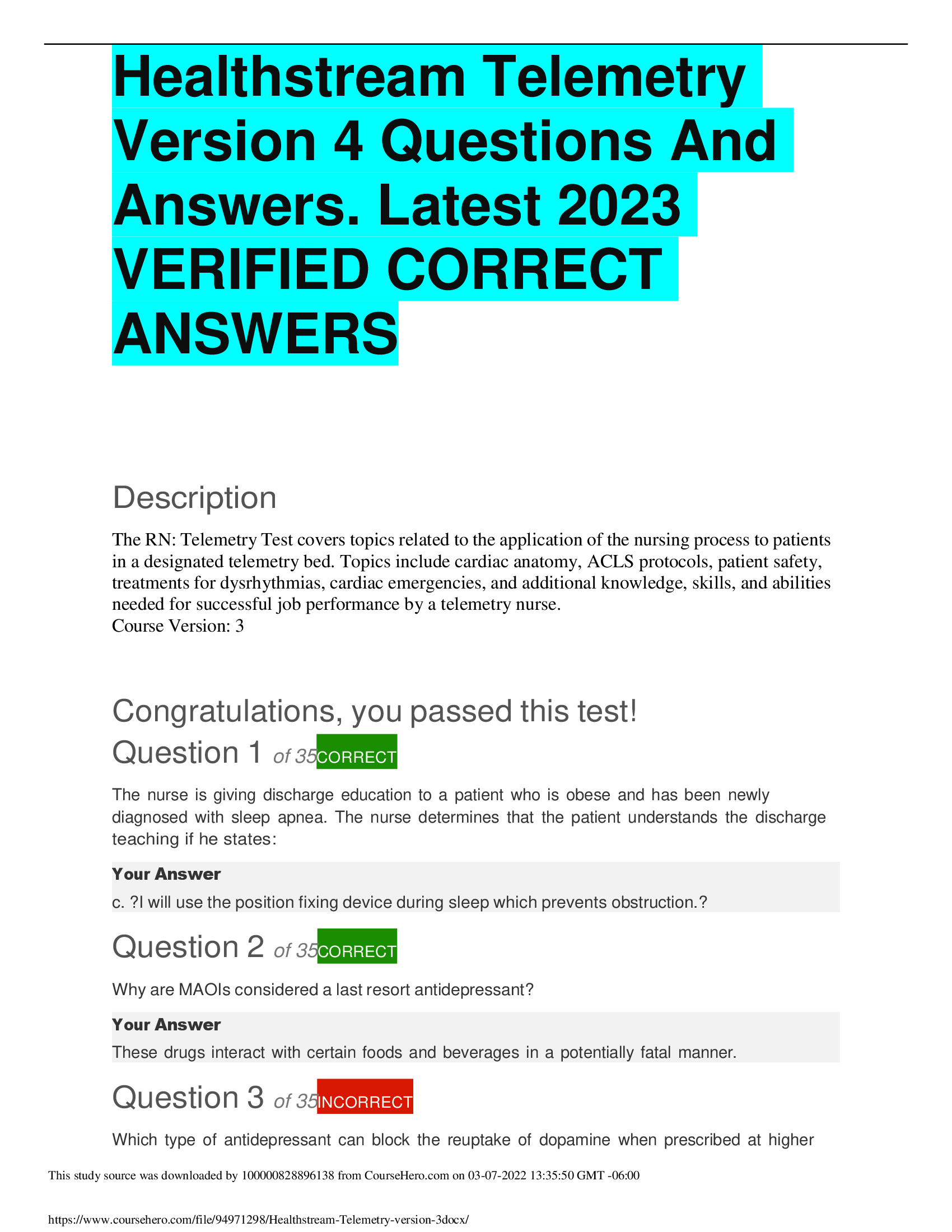 Healthstream Telemetry  Version 4 Questions And  Answers. Latest 2023,2024 VERIFIED CORRECT  ANSWERS
