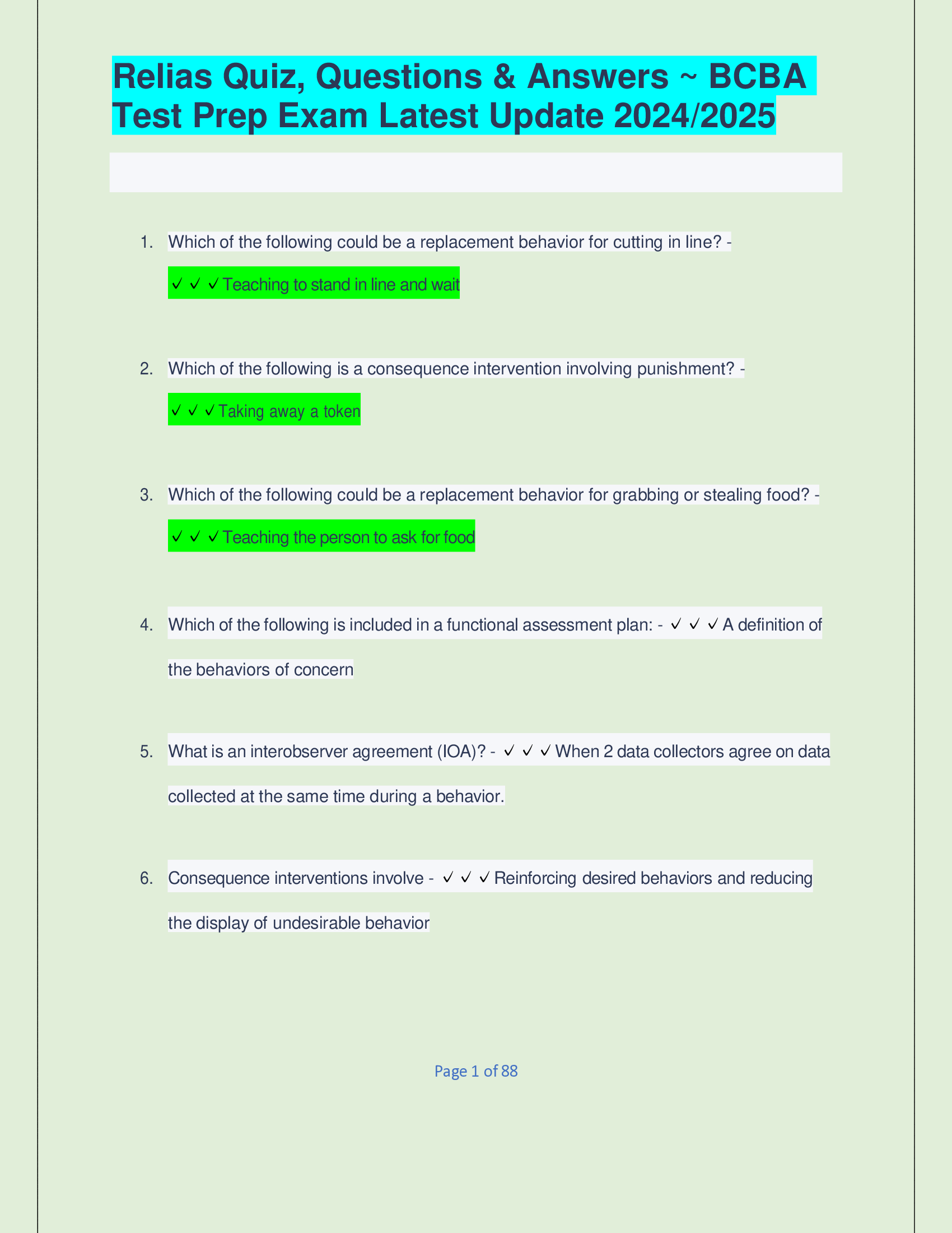 Relias Quiz, Questions & Answers ~ BCBA  Test Prep Exam Latest Update 20242026