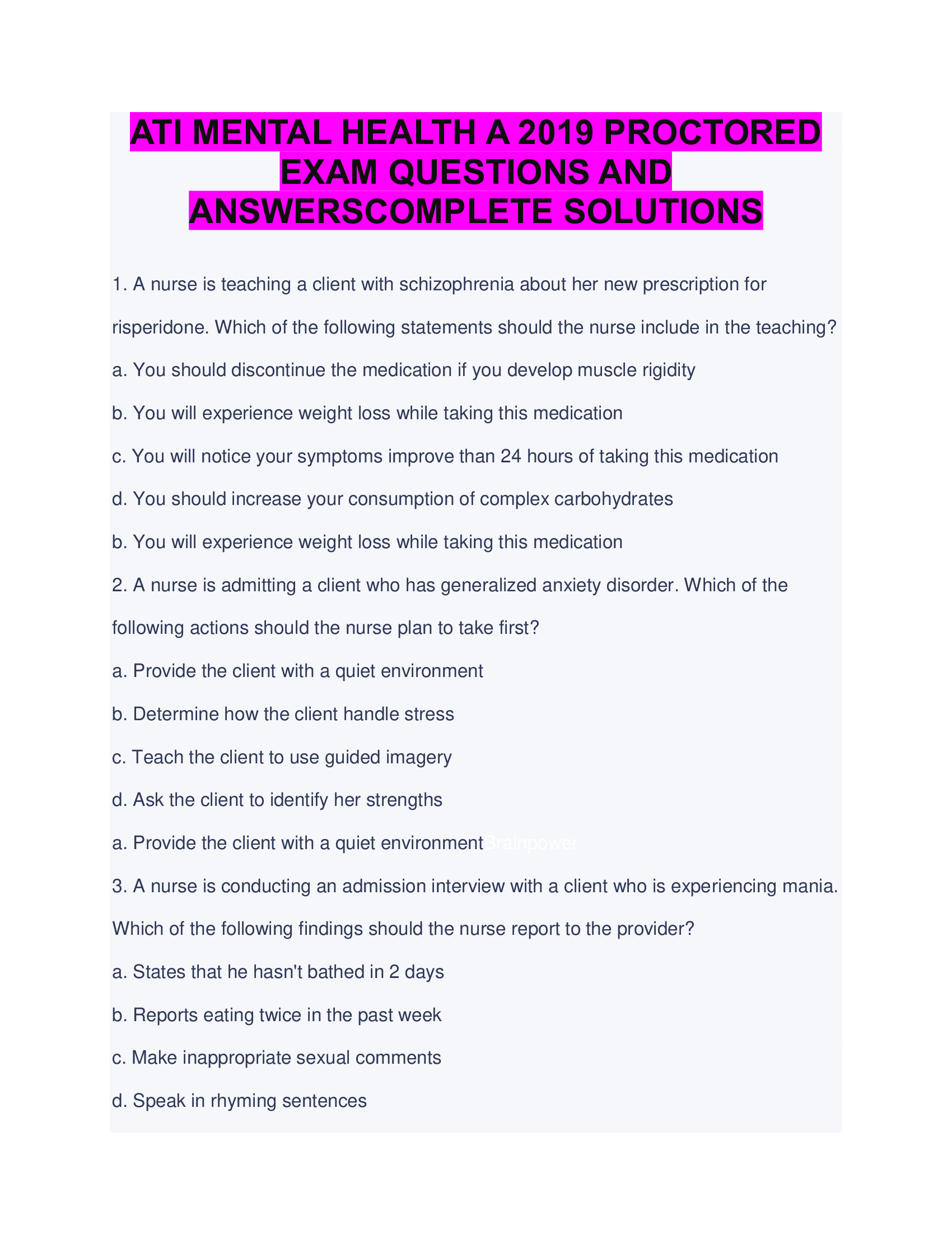 BEST ANSWERS ATI MENTAL HEALTH A 2019 PROCTORED  EXAM QUESTIONS AND  ANSWERSCOMPLETE SOLUTIONS