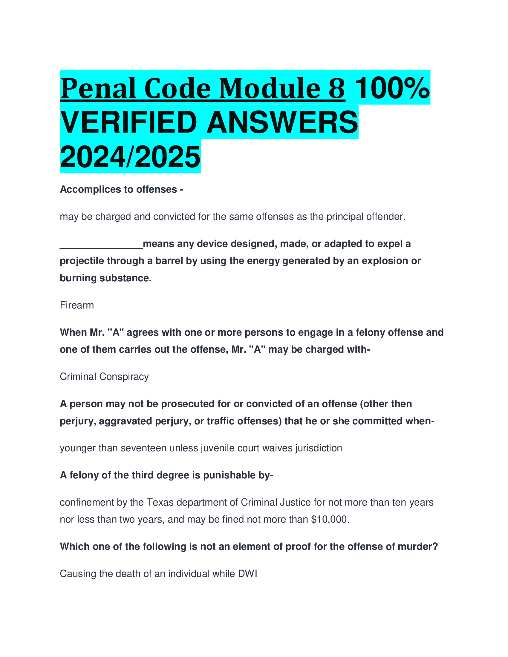 Penal Code Module 8 VERIFIED ANSWERS  20242026