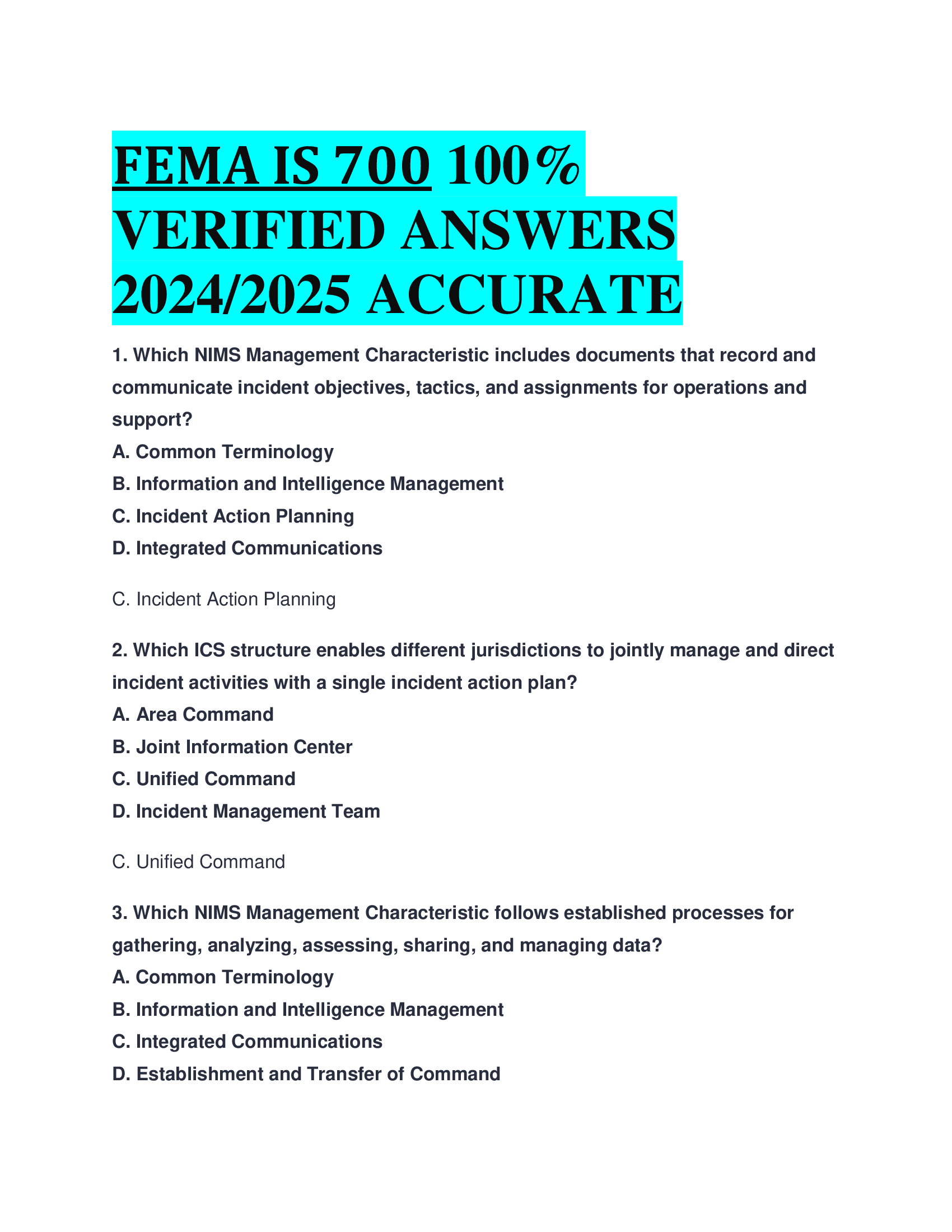 FEMA IS 700 VERIFIED ANSWERS  20242026 ACCURATE