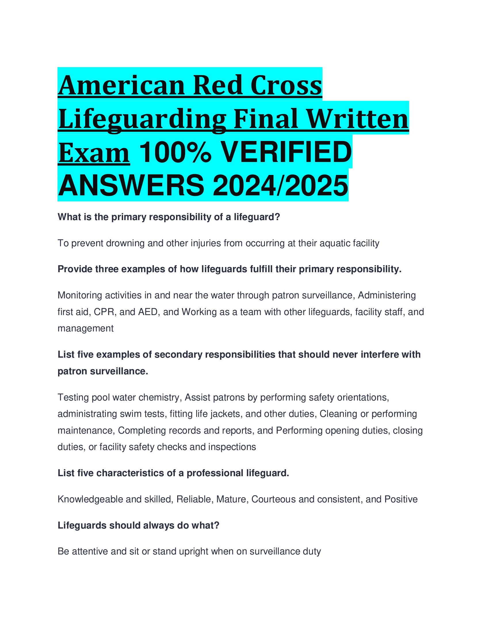 American Red Cross Lifeguarding Final Written Exam VERIFIED  ANSWERS 20242026