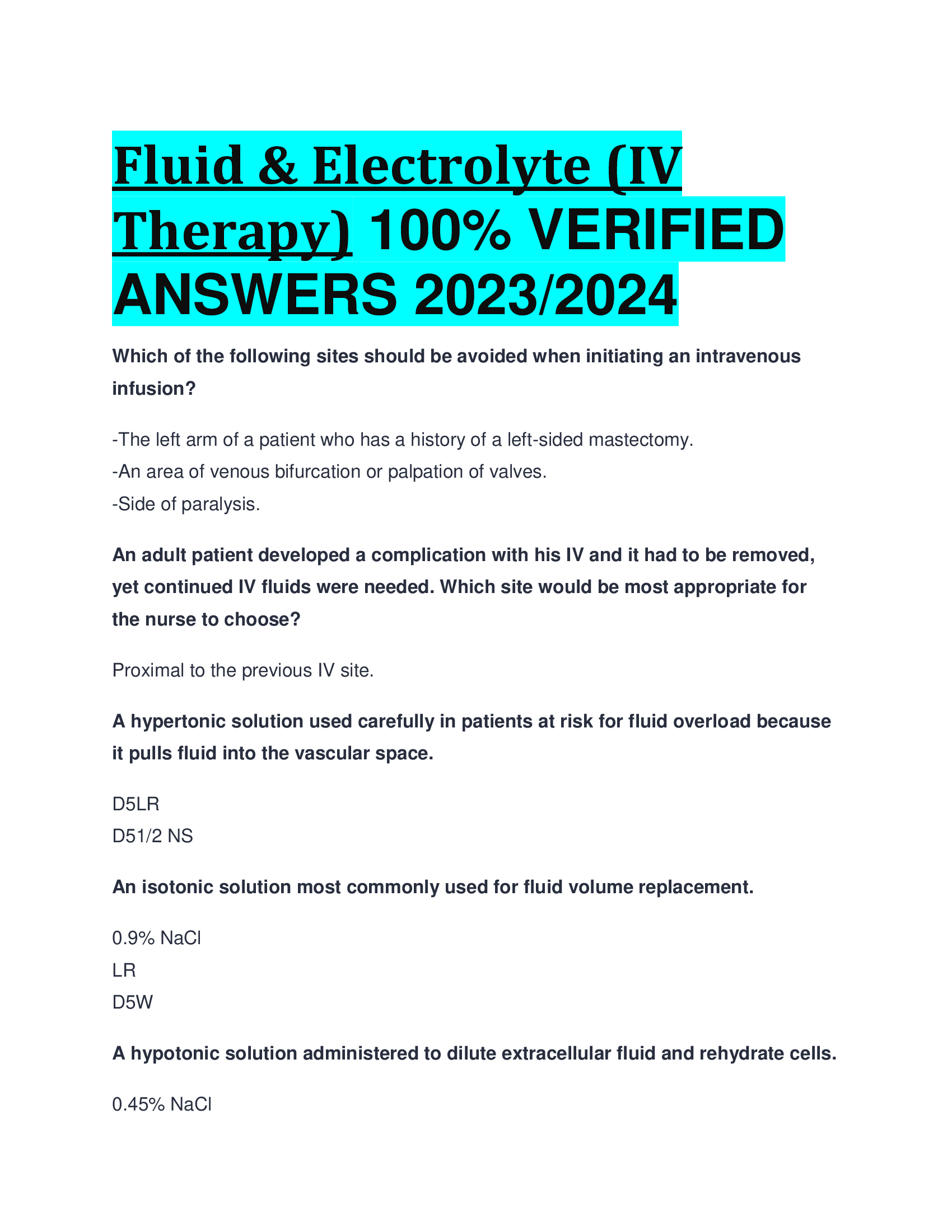 Fluid & Electrolyte (IV Therapy) VERIFIED  ANSWERS 2023,2024