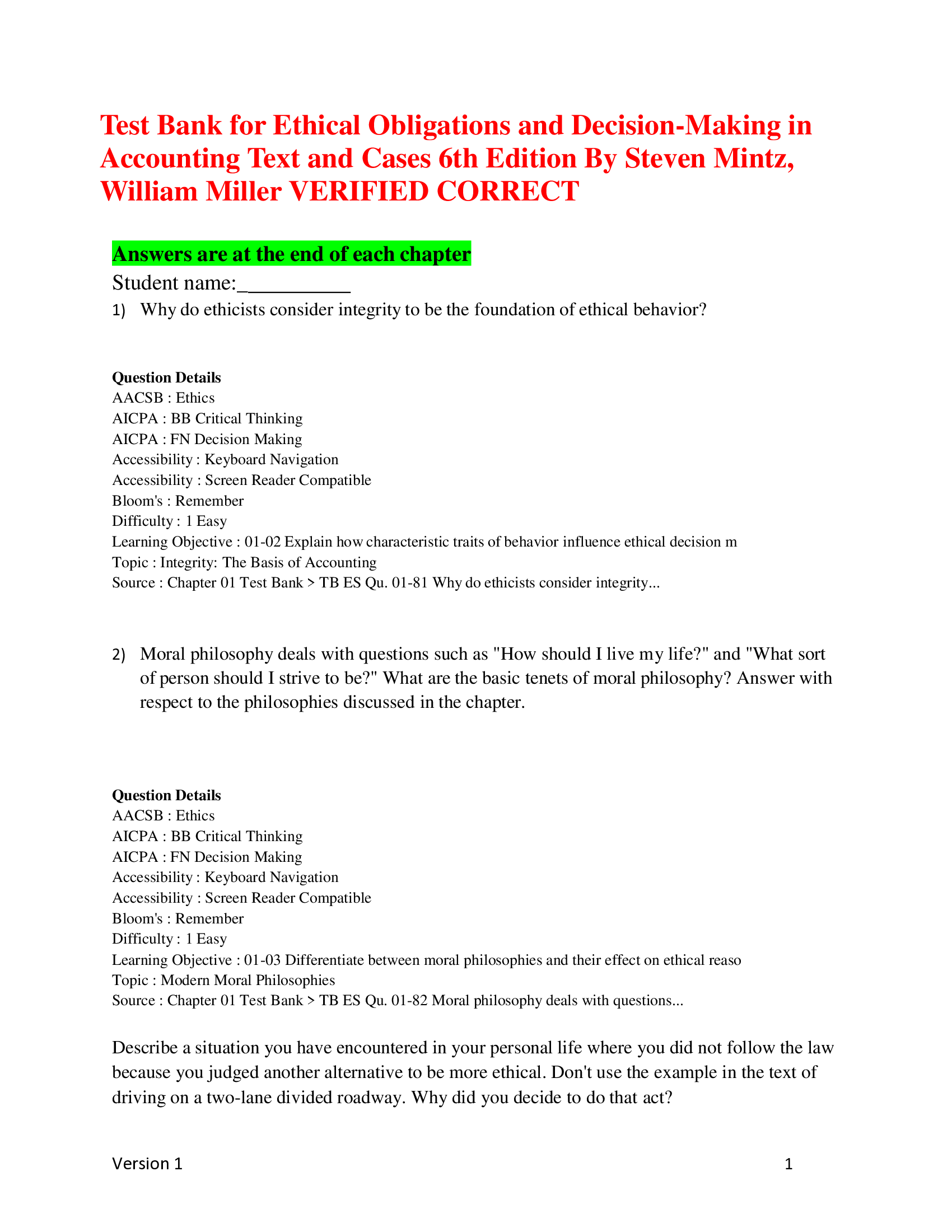 Test Bank for Ethical Obligations and Decision-Making in  Accounting Text and Cases 6th Edition By Steven Mintz,  William Miller VERIFIED CORRECT