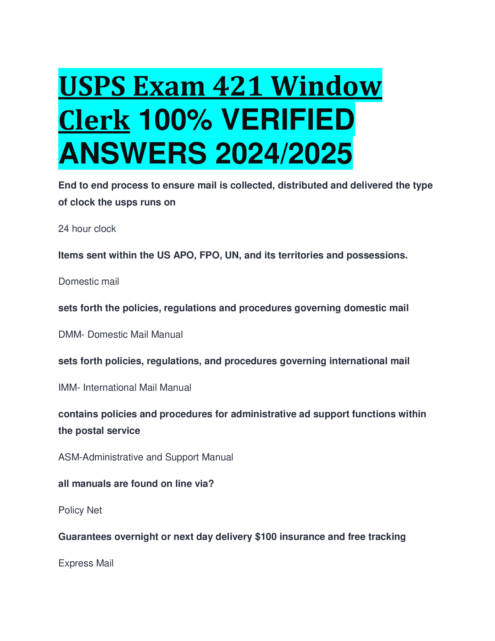 USPS Exam 421 Window Clerk VERIFIED  ANSWERS 2024, 2026