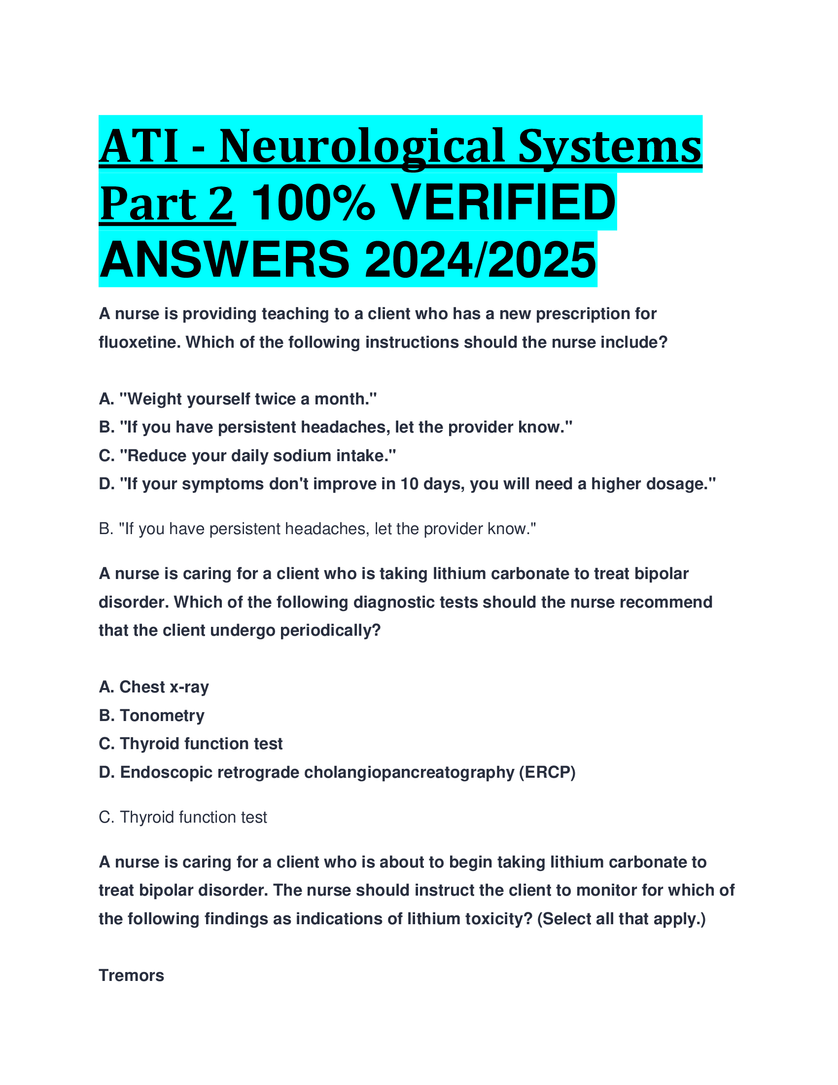 ATI - Neurological Systems Part 2  VERIFIED  ANSWERS 20242026