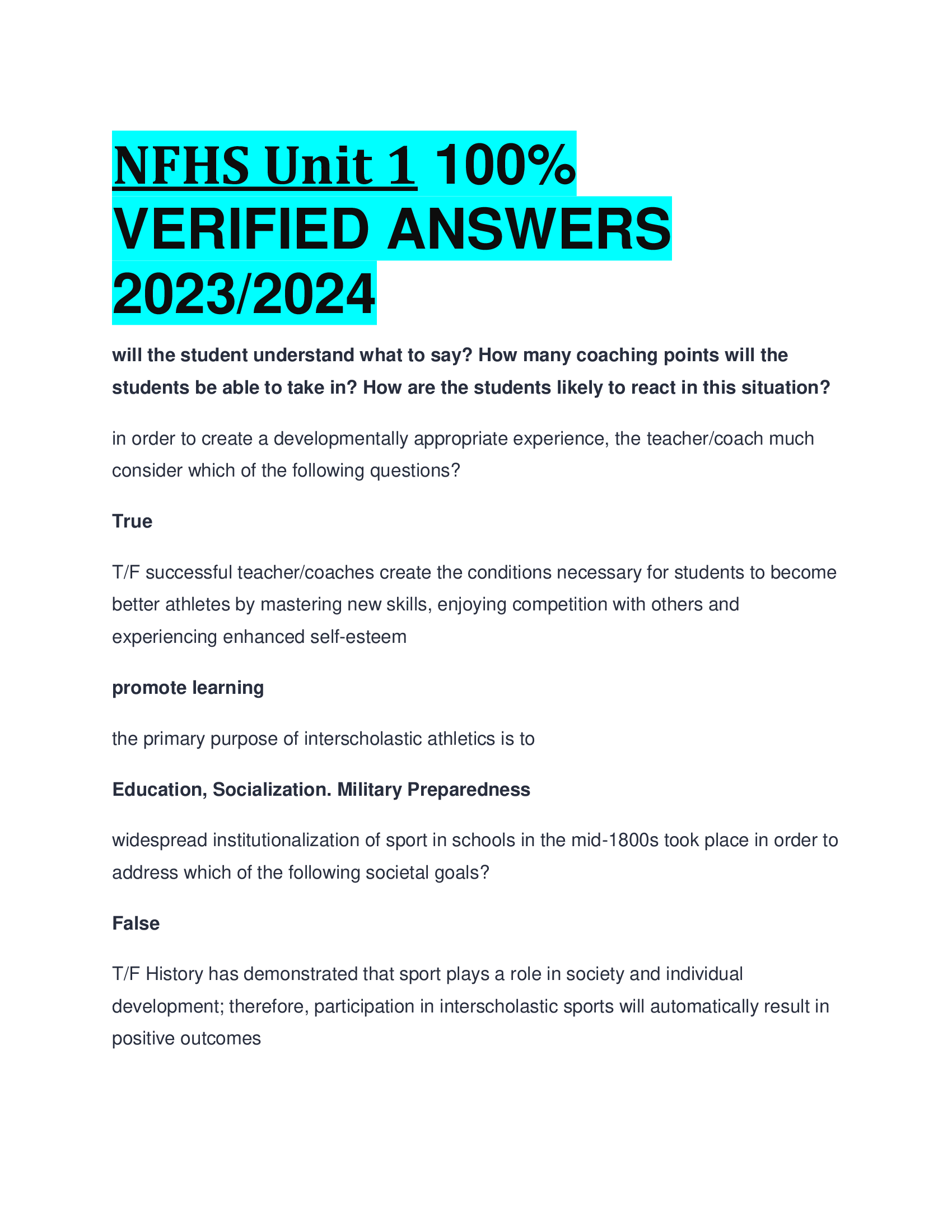 NFHS Unit 1 VERIFIED ANSWERS  2023,2024