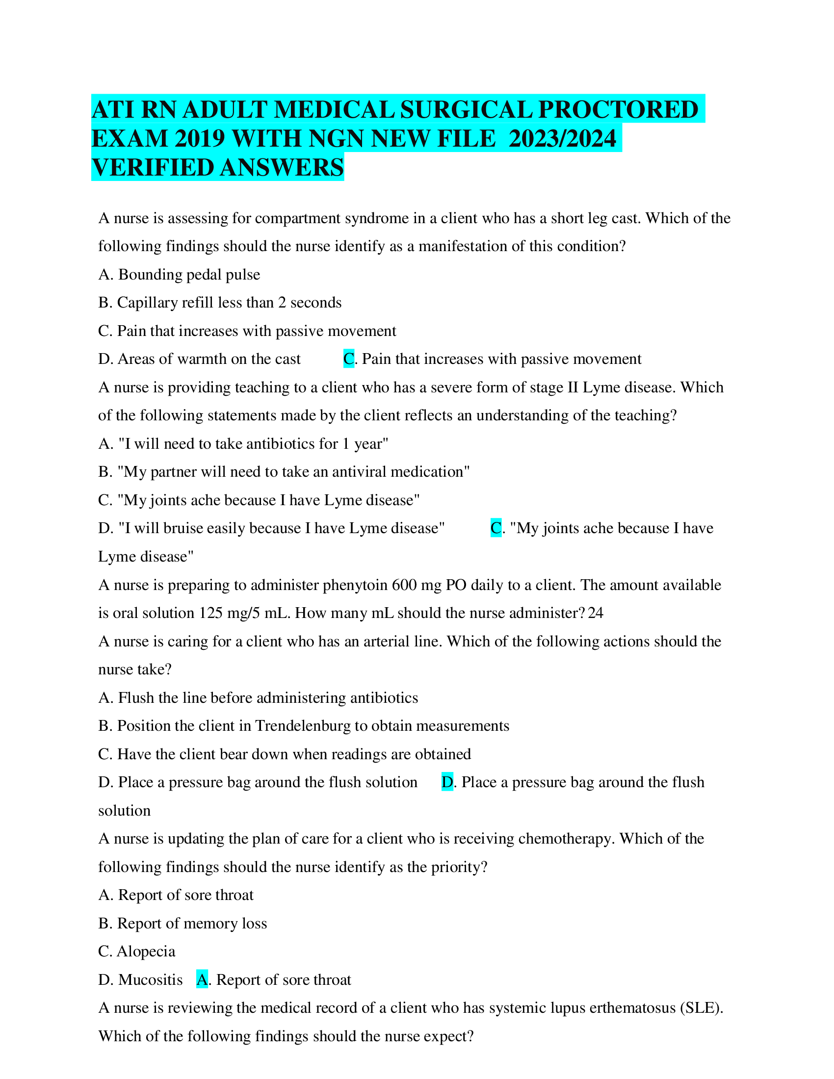 ATI RN ADULT MEDICAL SURGICAL PROCTORED  EXAM 2019 WITH NGN NEW FILE 2023,2024  VERIFIED ANSWERS