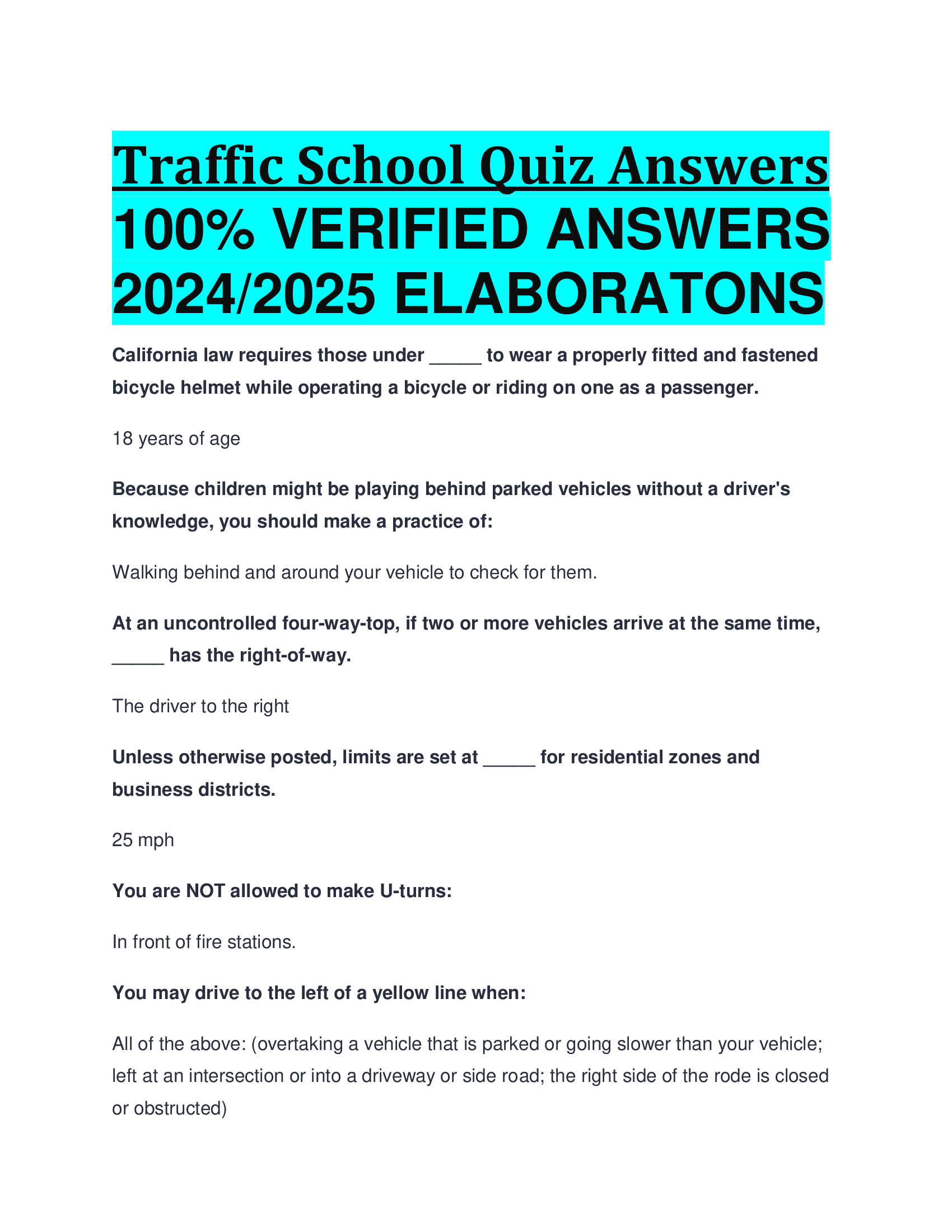 Traffic School Quiz Answers VERIFIED ANSWERS  20242026 ELABORATONS