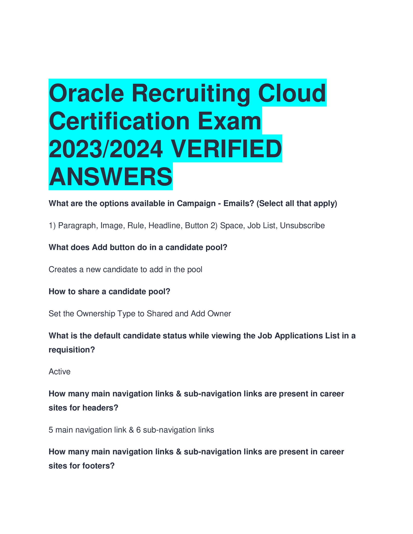 Oracle Recruiting Cloud  Certification Exam 2023,2024 VERIFIED  ANSWERS