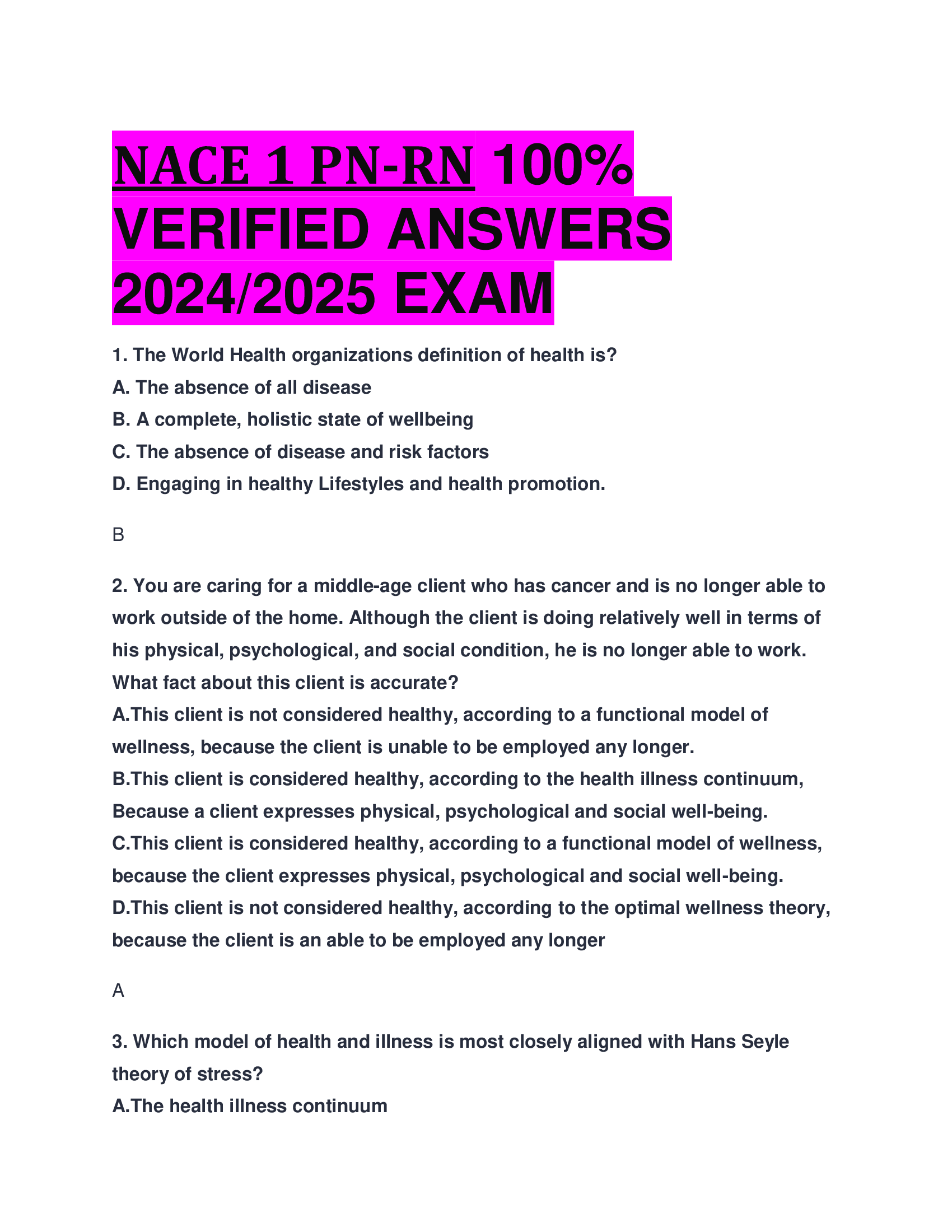 BEST ANSWERS NACE 1 PN-RN 100 Percent VERIFIED ANSWERS  2024, 2026 EXAM