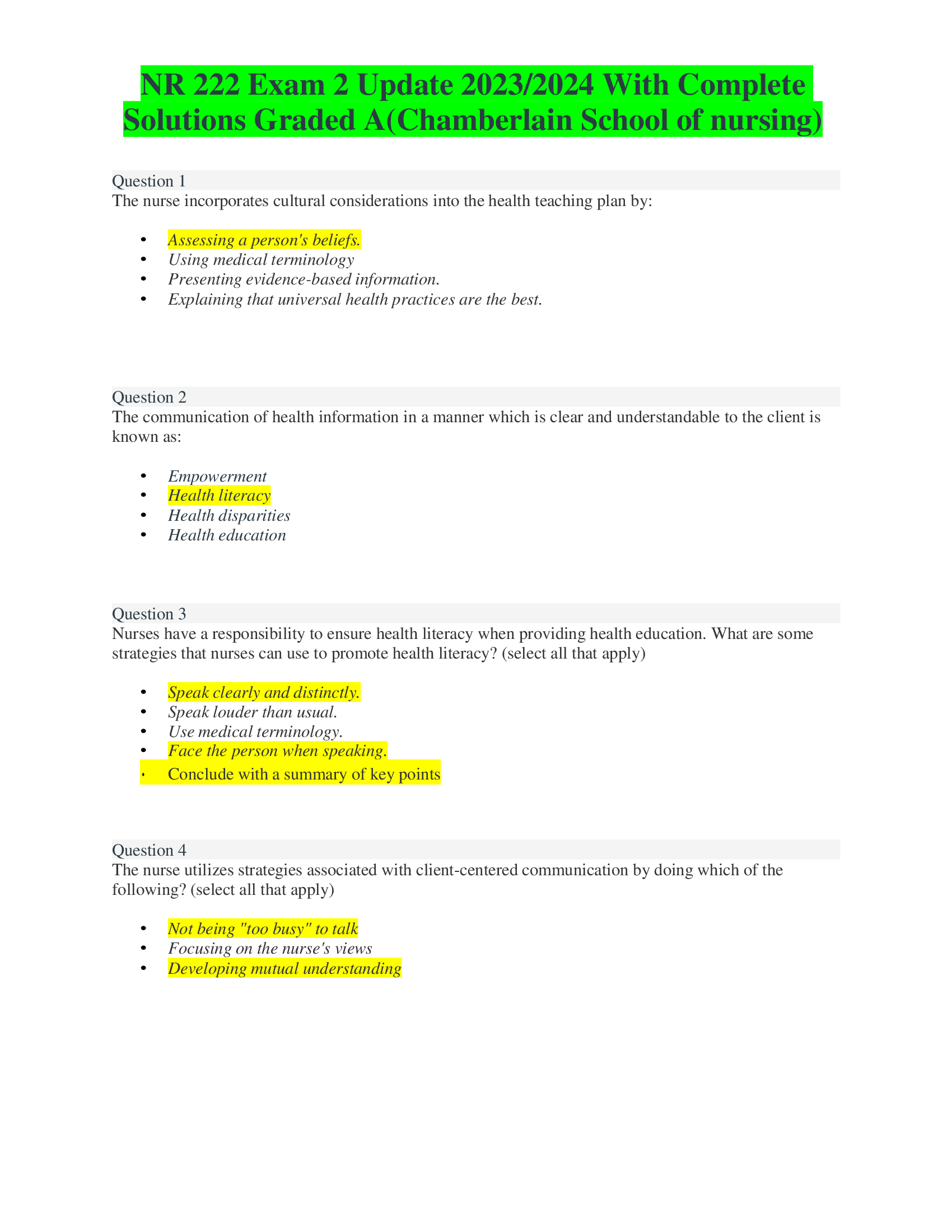 NR 222 Exam 2 Update 2023,2024 With Complete  Solutions Graded A(Chamberlain School of nursing)