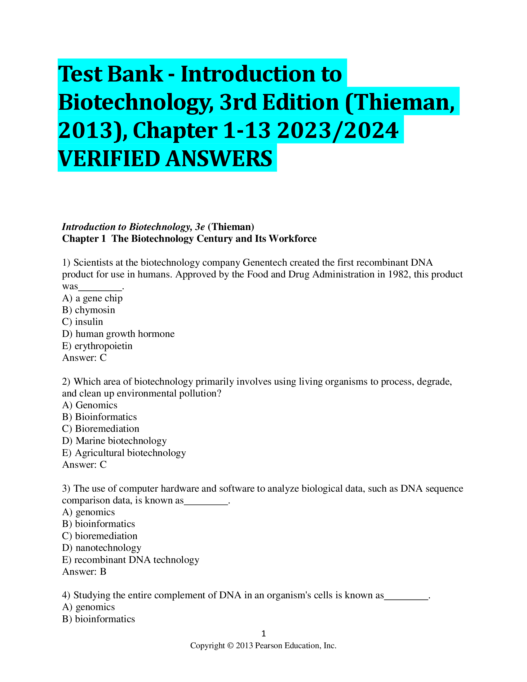 Test Bank - Introduction to  Biotechnology, 3rd Edition (Thieman,  2013), Chapter 1-13 2023,2024  VERIFIED ANSWERS