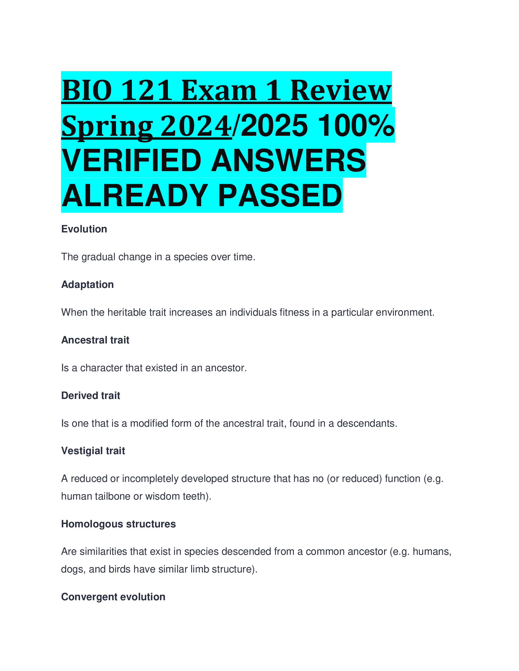 BIO 121 Exam 1 Review Spring 20242026  VERIFIED ANSWERS  ALREADY PASSED