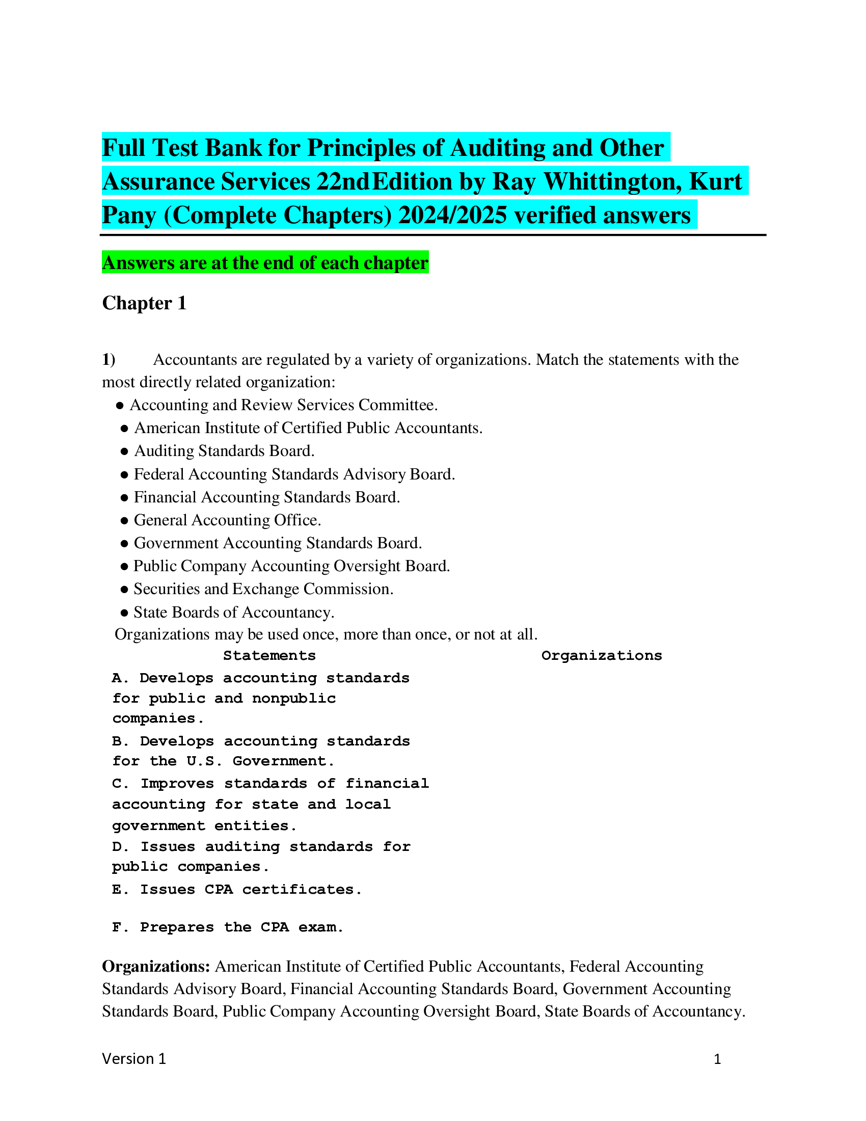 Full Test Bank for Principles of Auditing and Other Assurance Services 22ndEdition by Ray Whittington, Kurt  Pany (Complete Chapters) 2024, 2026 verified answers