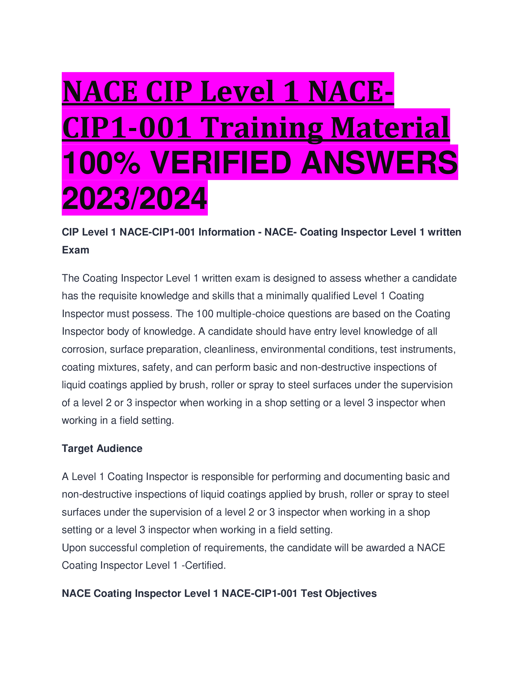 NACE CIP Level 1 NACE CIP1-001 Training Material VERIFIED ANSWERS  2023,2024