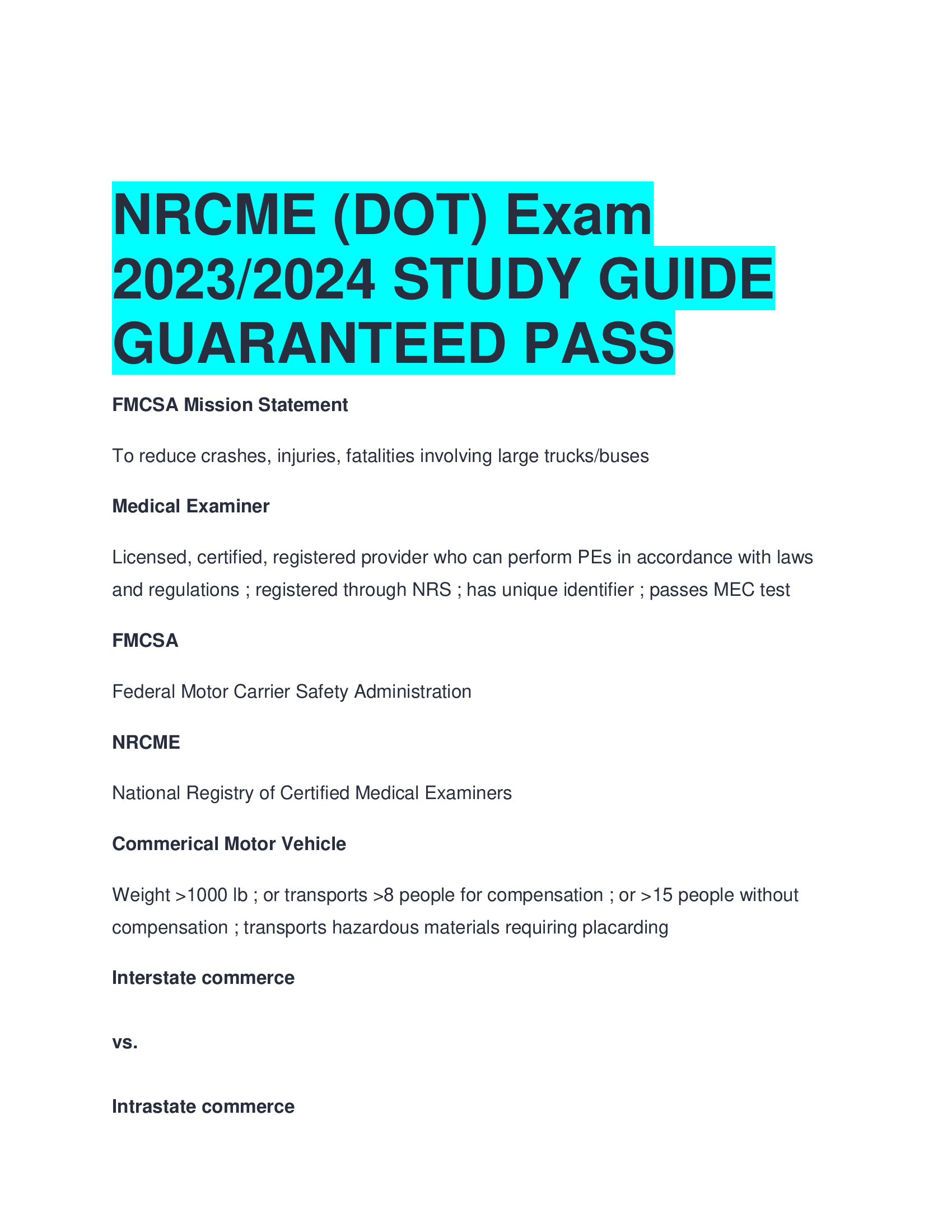NRCME (DOT) Exam 2023,2024 STUDY GUIDE  GUARANTEED PASS