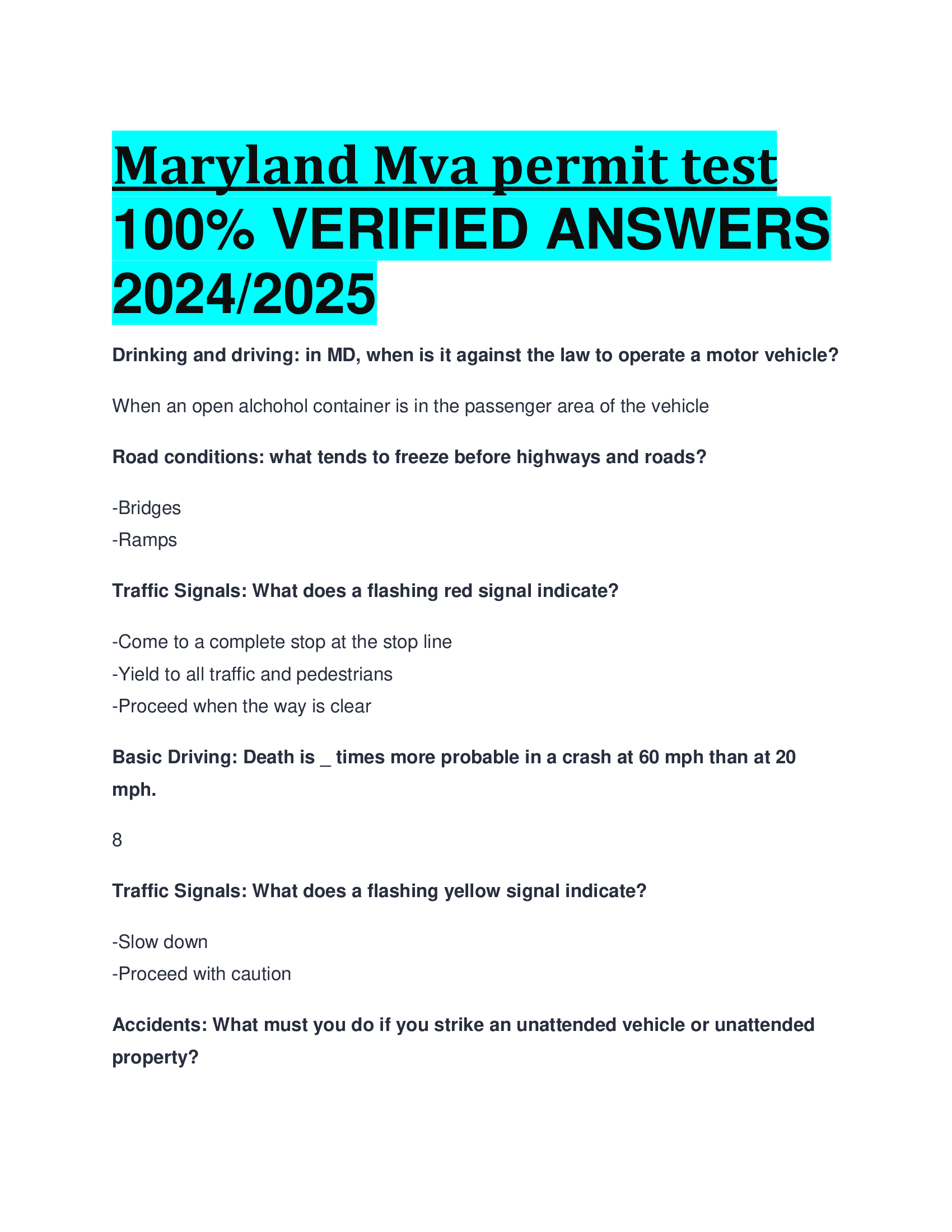 Maryland Mva permit test VERIFIED ANSWERS  20242026