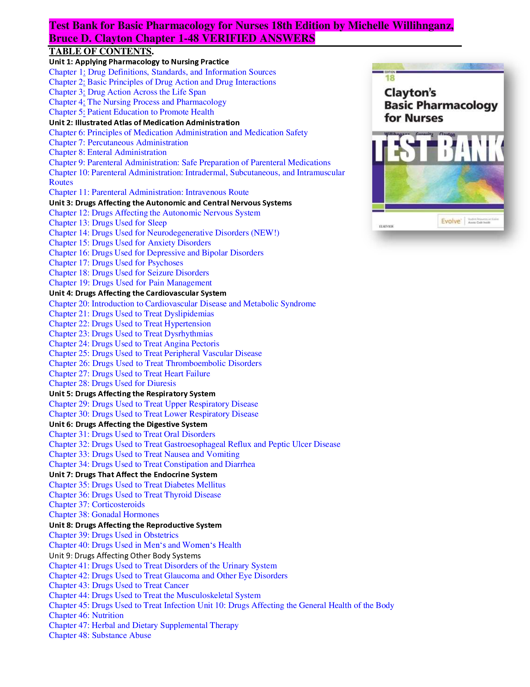 Test Bank for Basic Pharmacology for Nurses 18th Edition by Michelle Willihnganz, Bruce D. Clayton Chapter 1-48 VERIFIED ANSWERS