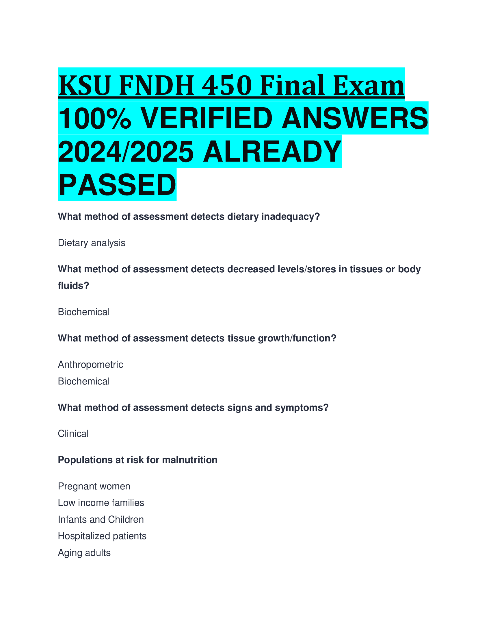 KSU FNDH 450 Final Exam VERIFIED ANSWERS  20242026 ALREADY  PASSED