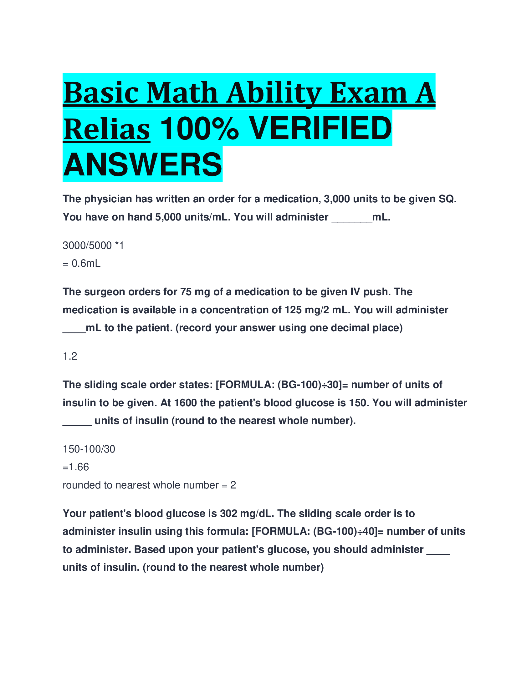 Basic Math Ability Exam A Relias  VERIFIED  ANSWERS