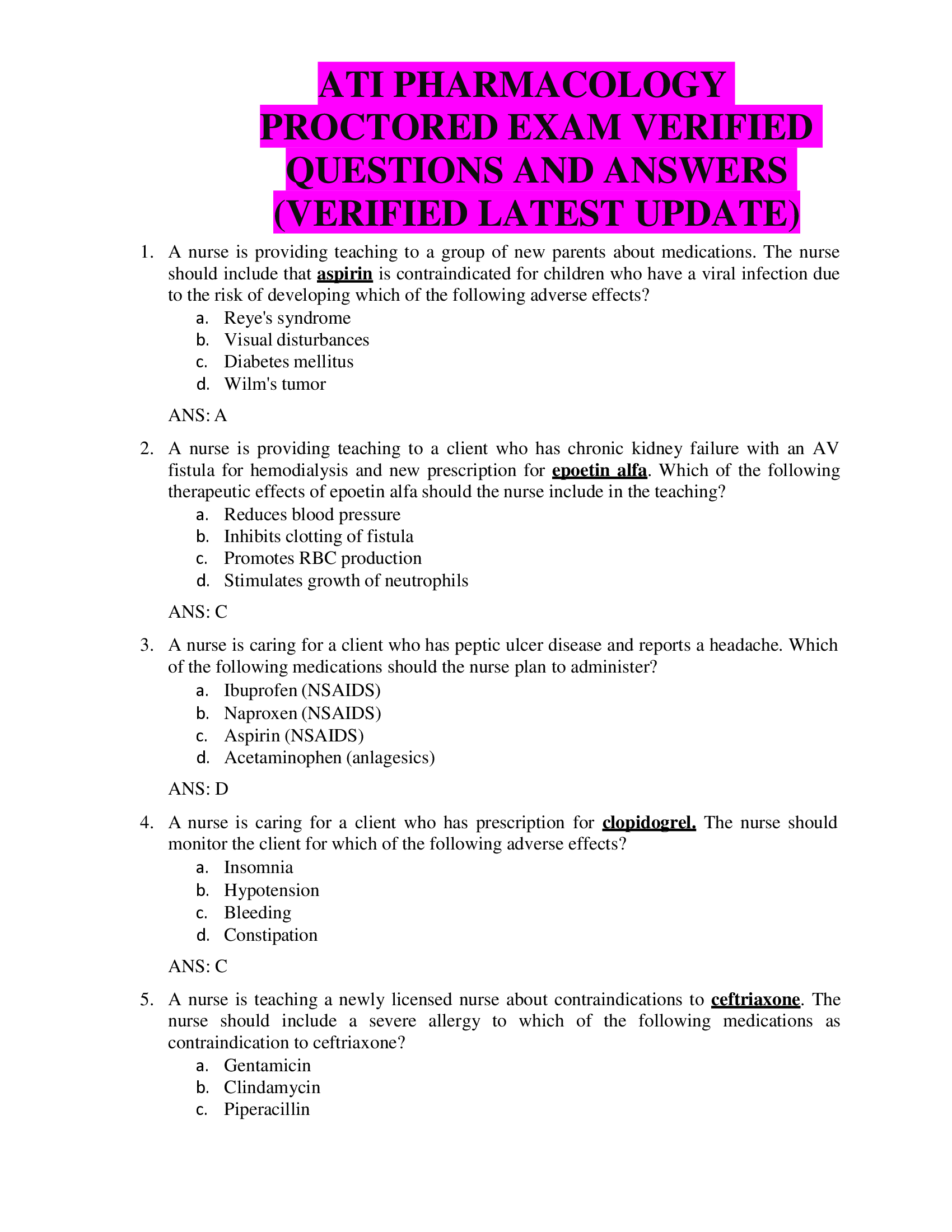ATI PHARMACOLOGY PROCTORED EXAM VERIFIED  QUESTIONS AND ANSWERS  (VERIFIED LATEST UPDATE)