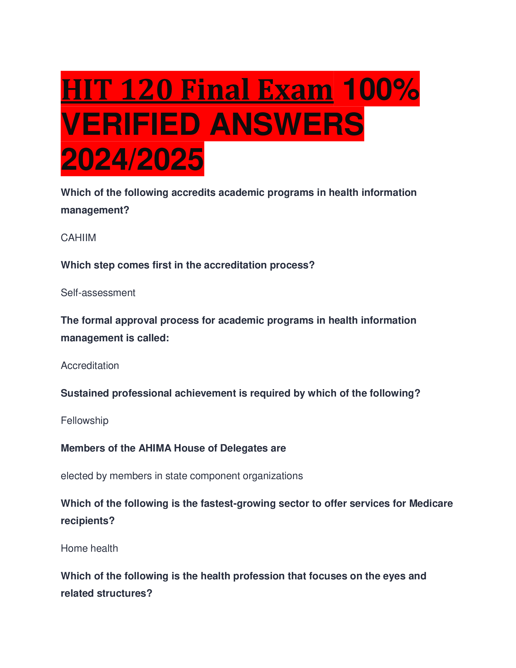 HIT 120 Final Exam VERIFIED ANSWERS  2024, 2026