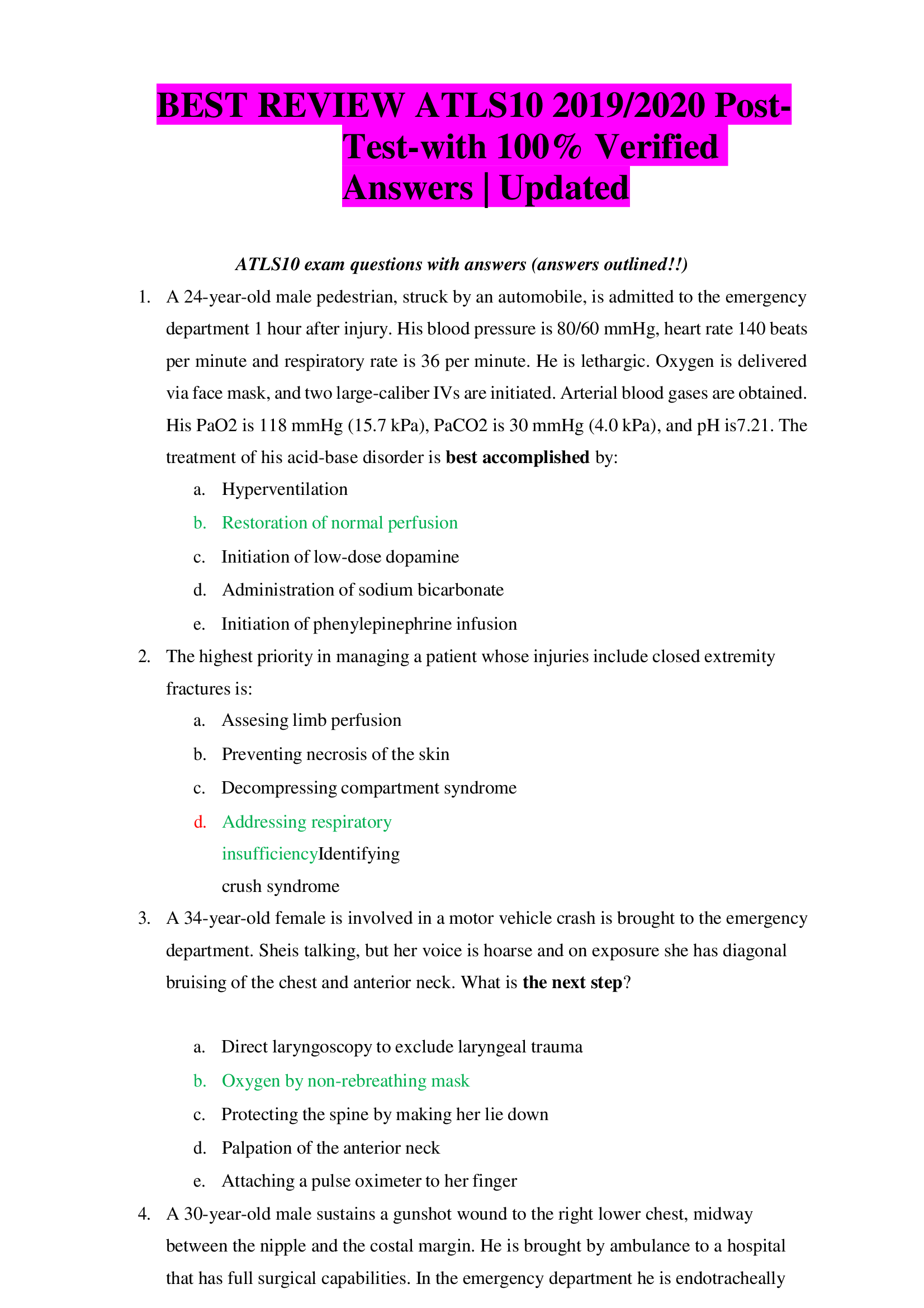 BEST REVIEW ATLS10 2019, 2020 Post TEST with Verified Answers | Updated