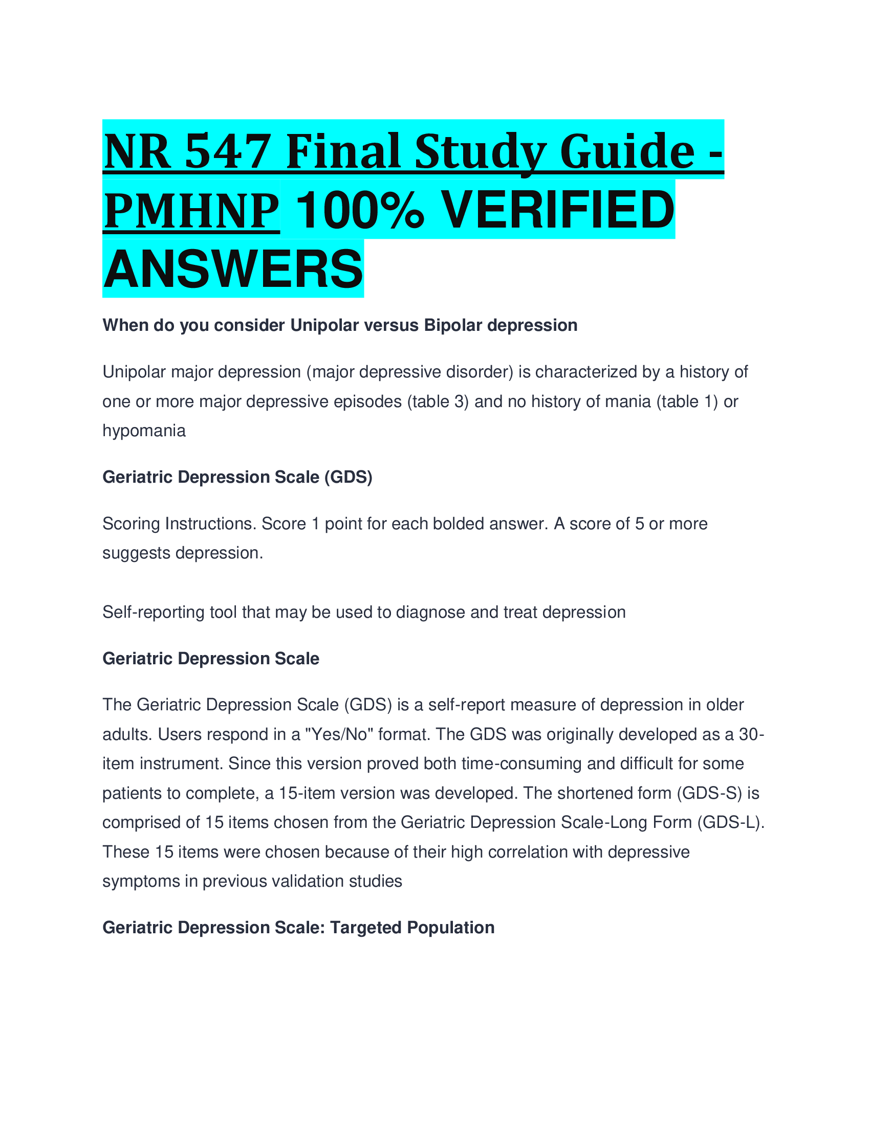 NR 547 Final Study Guide - PMHNP VERIFIED  ANSWERS 2024,2026
