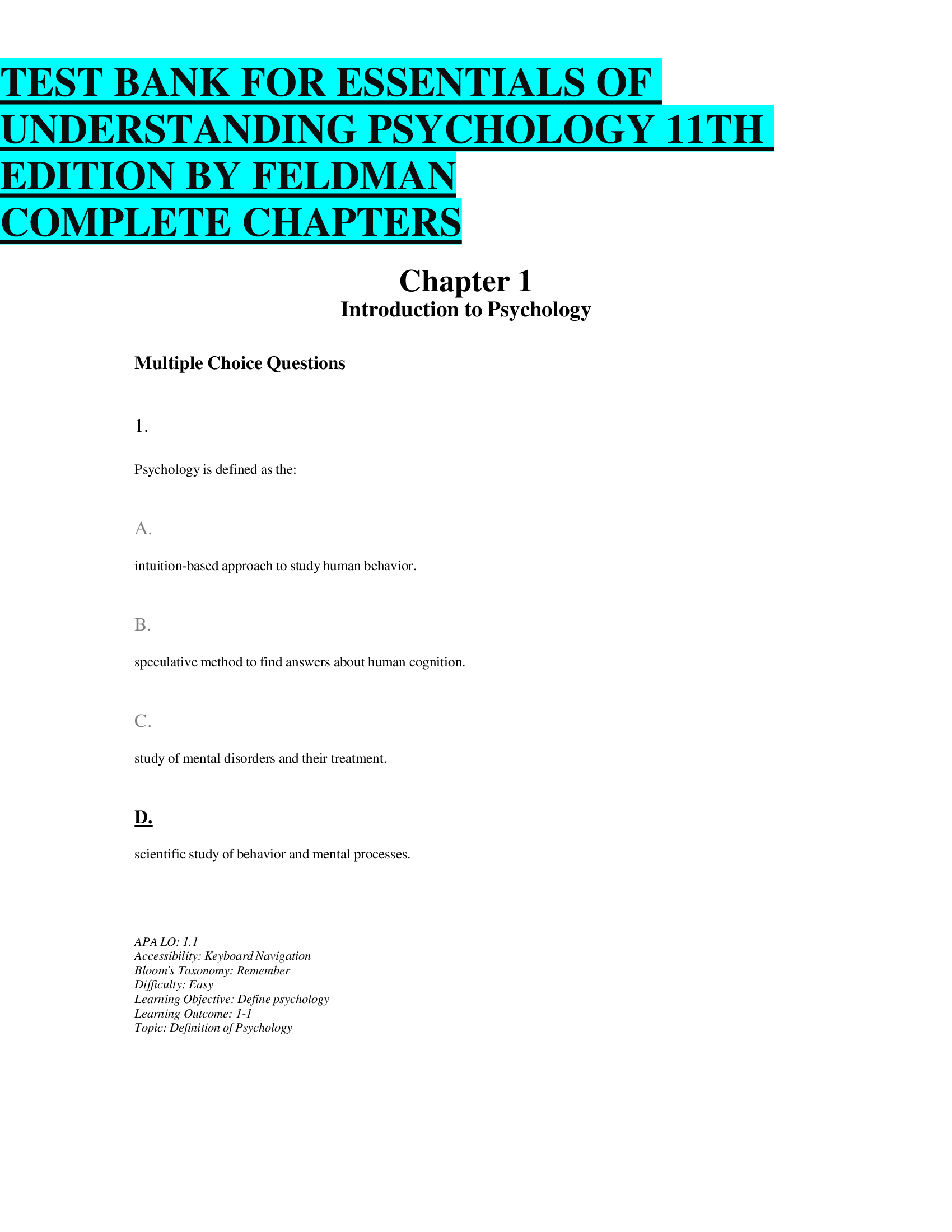 TEST BANK FOR ESSENTIALS OF UNDERSTANDING PSYCHOLOGY 11TH  EDITION BY FELDMAN COMPLETE CHAPTERS