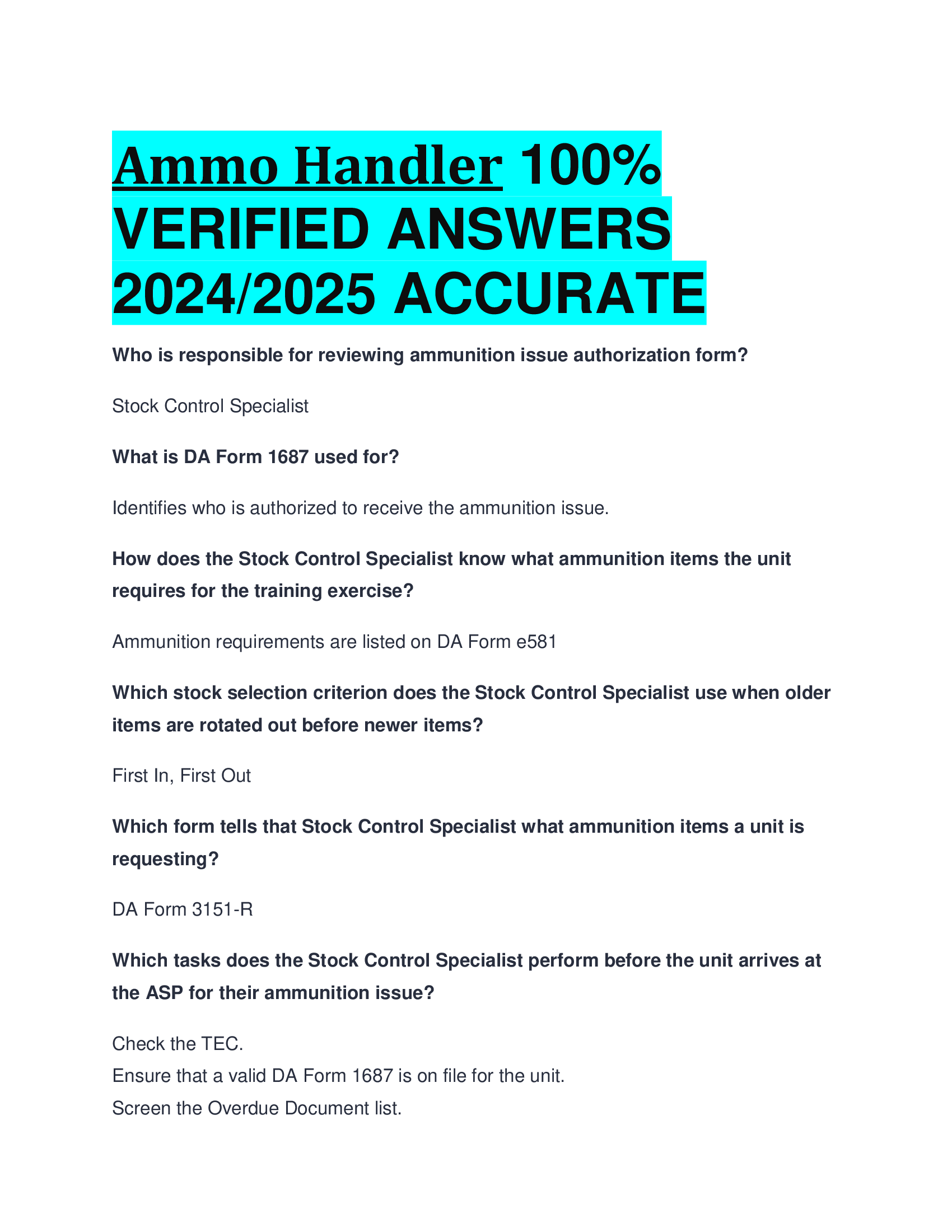 Ammo Handler VERIFIED ANSWERS  20242026 ACCURATE