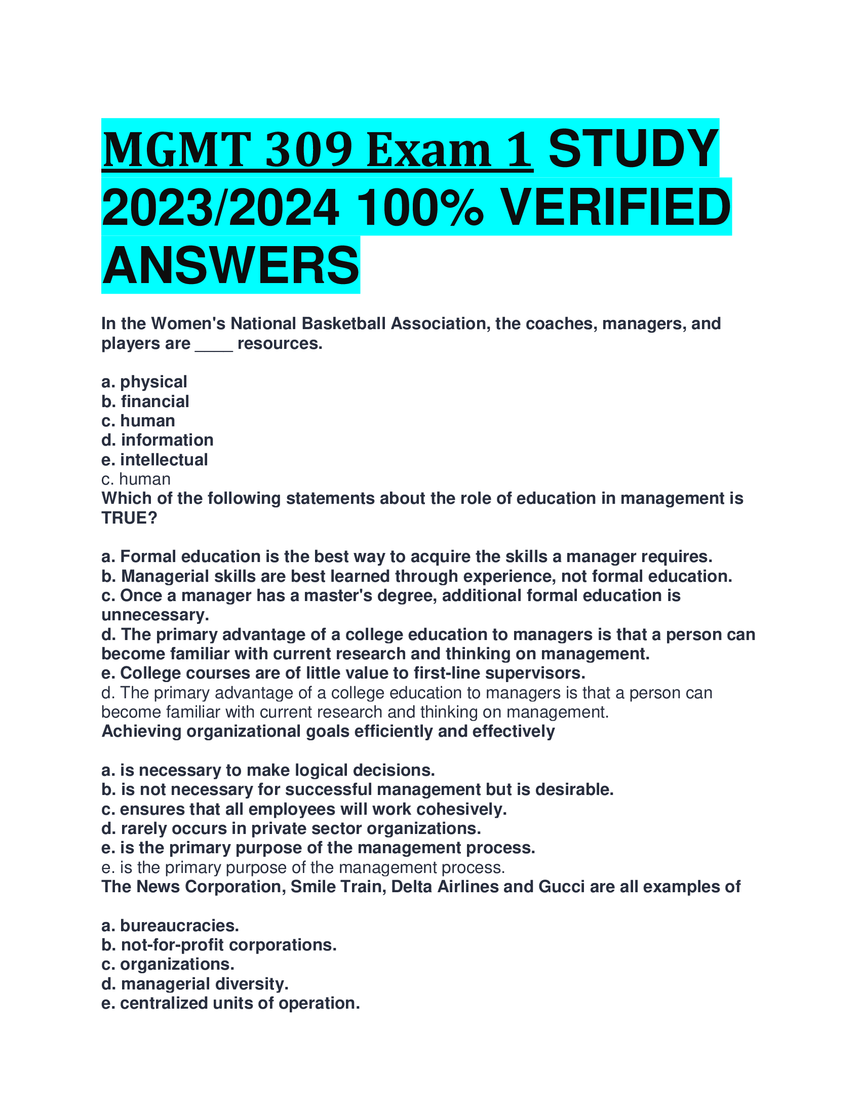 MGMT 309 Exam 1 STUDY 2023,2024  VERIFIED ANSWERS