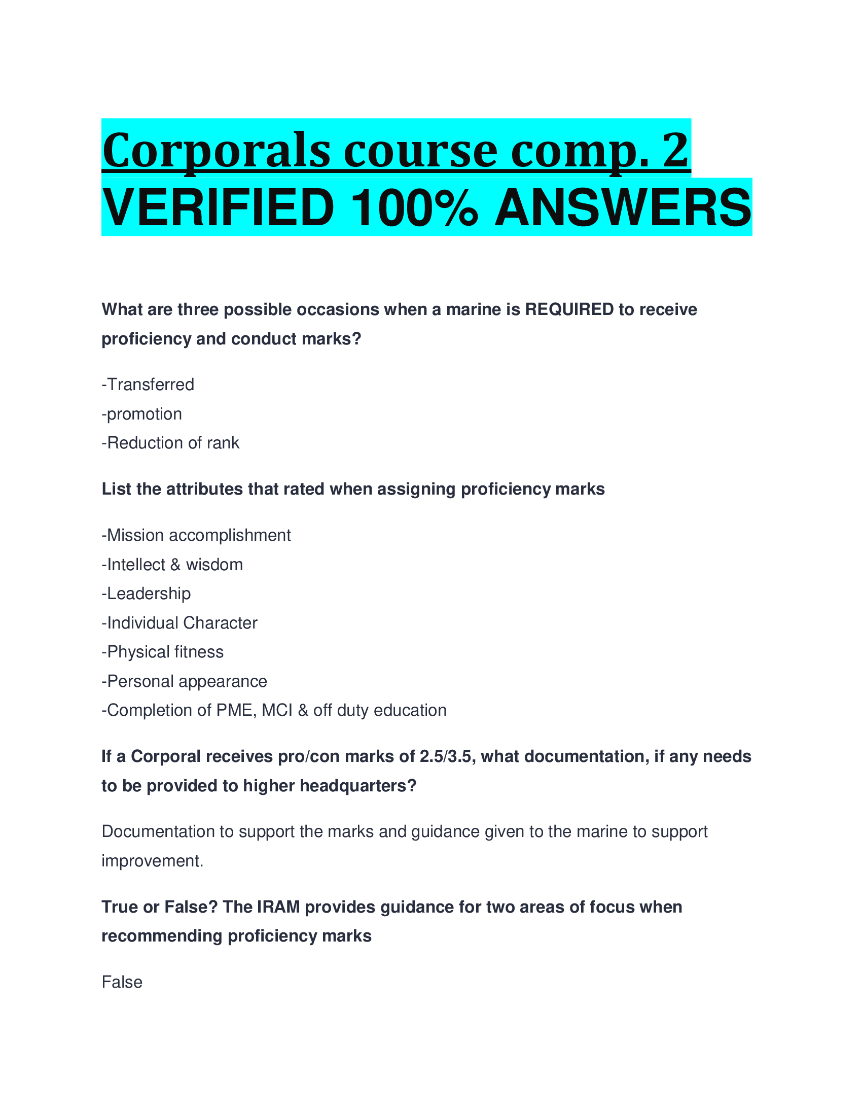 Corporals course comp. 2 VERIFIED  ANSWERS