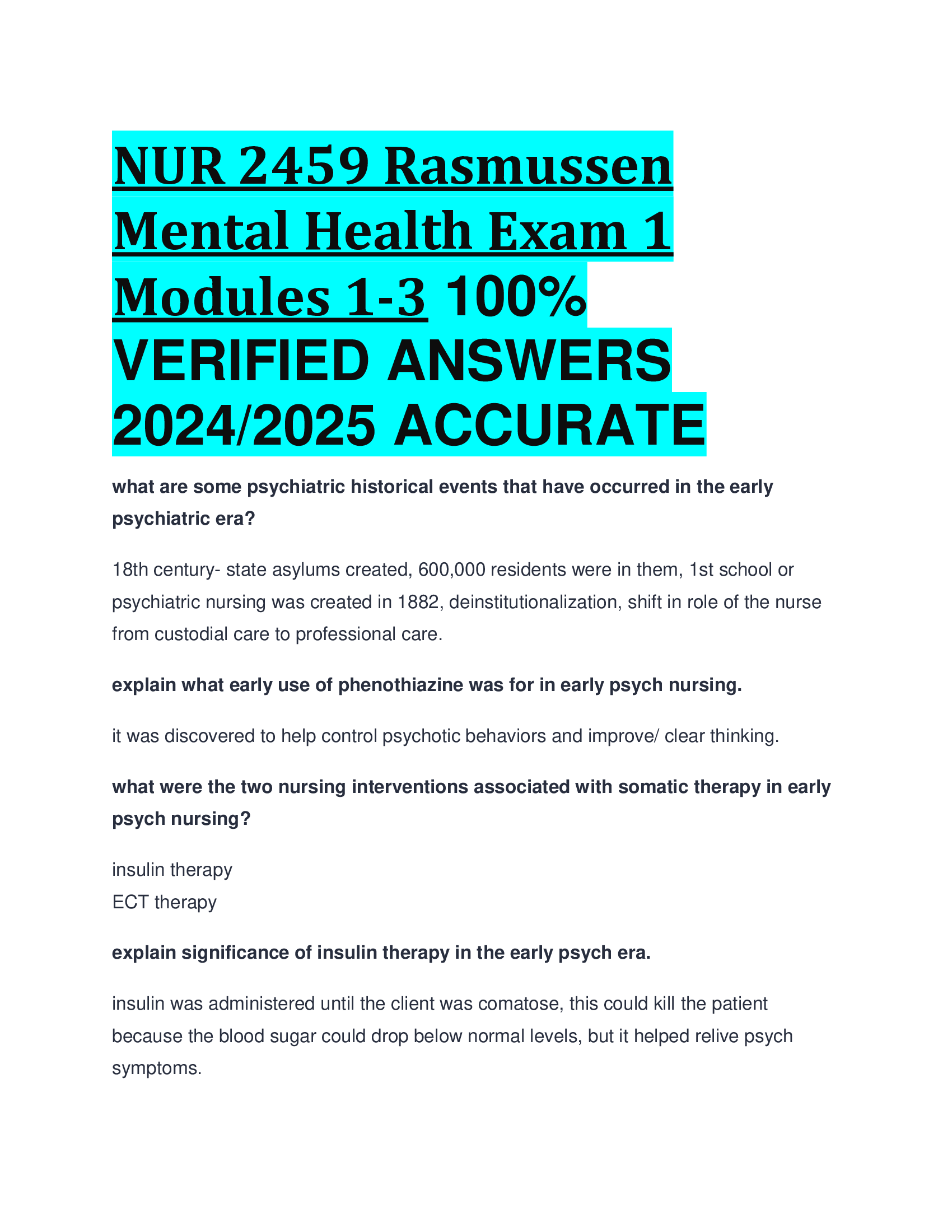 NUR 2459 Rasmussen Mental Health Exam 1 Modules 1-3 VERIFIED ANSWERS  20242026 ACCURATE