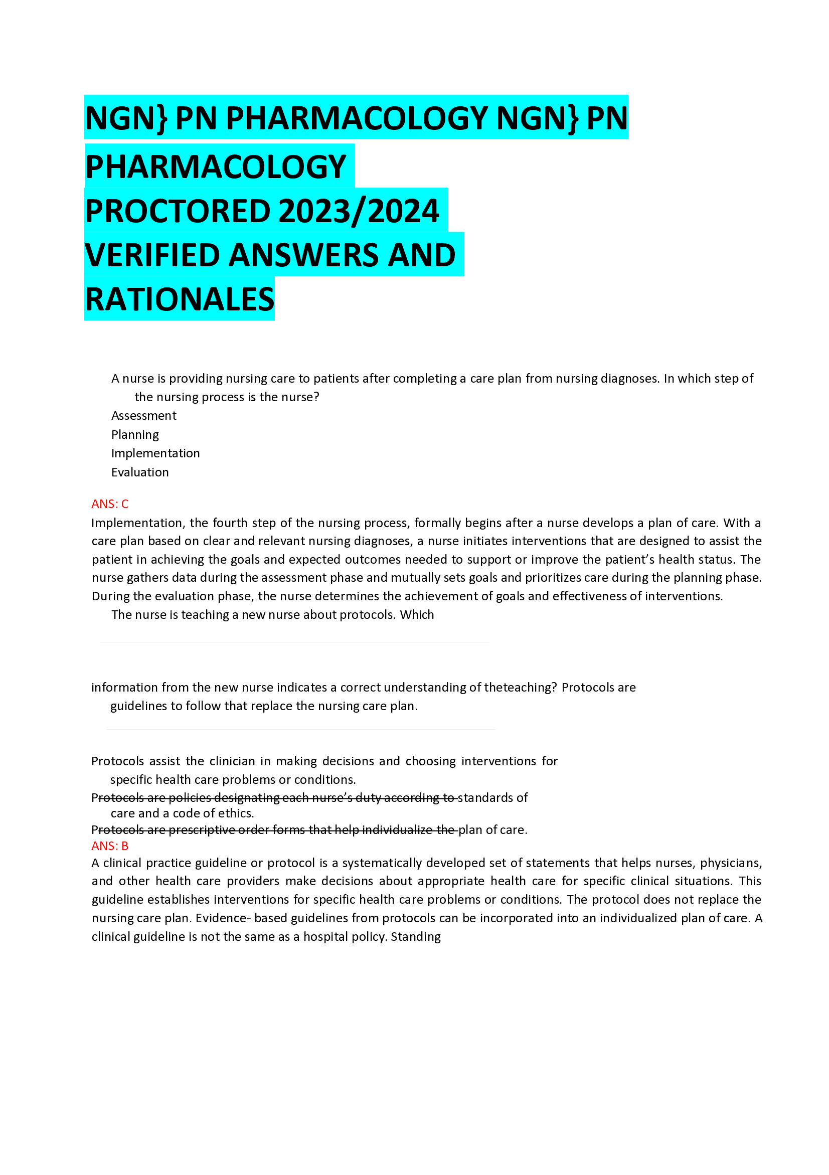 NGN} PN PHARMACOLOGY NGN} PN PHARMACOLOGY  PROCTORED 2023,2024  VERIFIED ANSWERS AND  RATIONALES