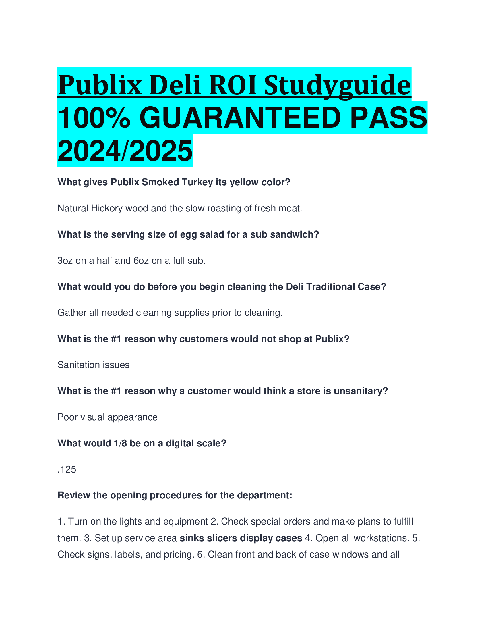 Publix Deli ROI Study guide  GUARANTEED PASS 20242026