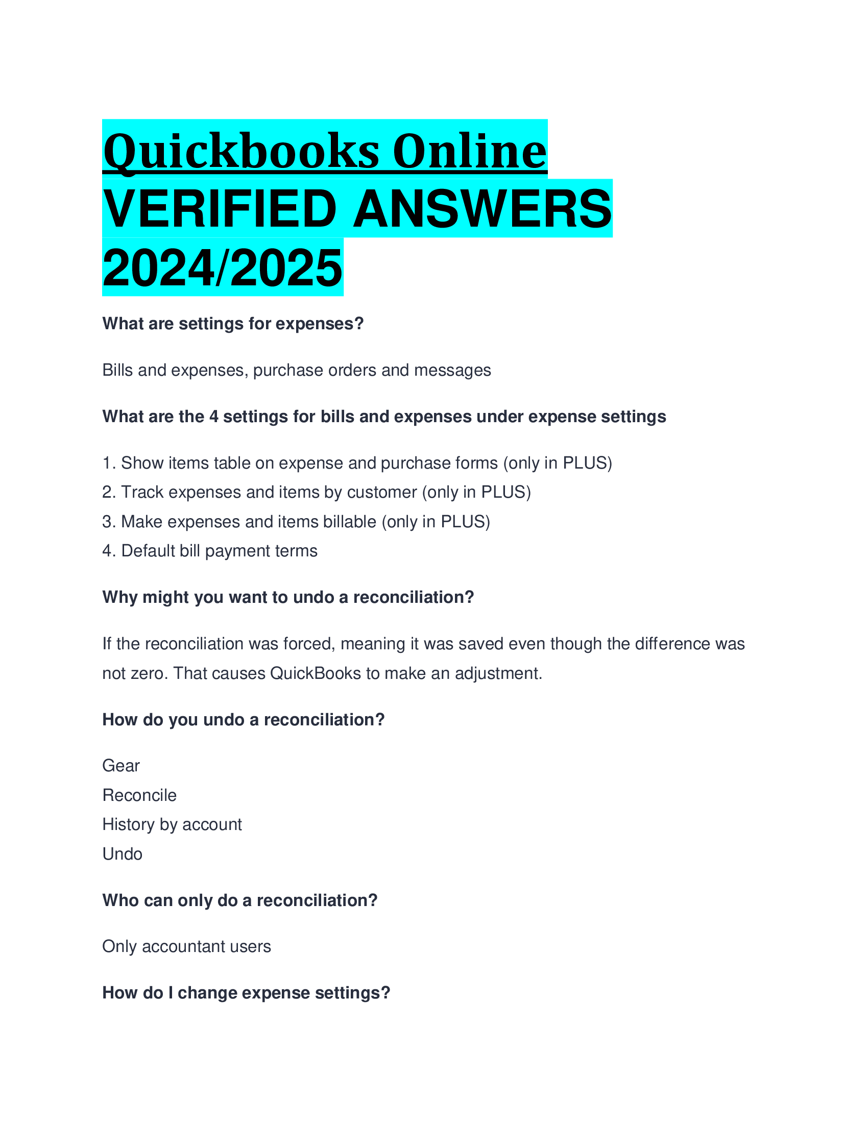 Quickbooks Online VERIFIED ANSWERS  2024,2026