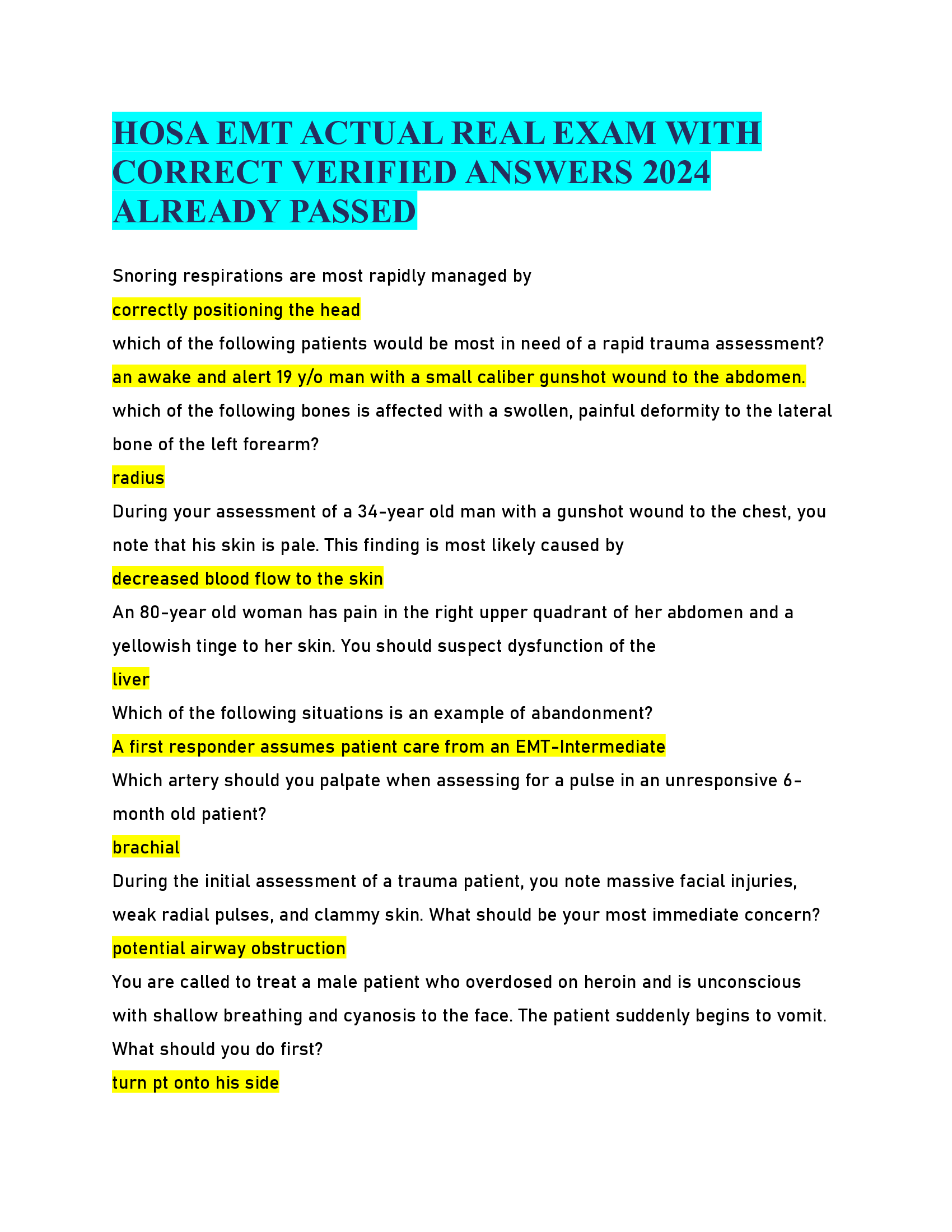 HOSA EMT ACTUAL REAL EXAM WITH  CORRECT VERIFIED ANSWERS 2024 ALREADY PASSED