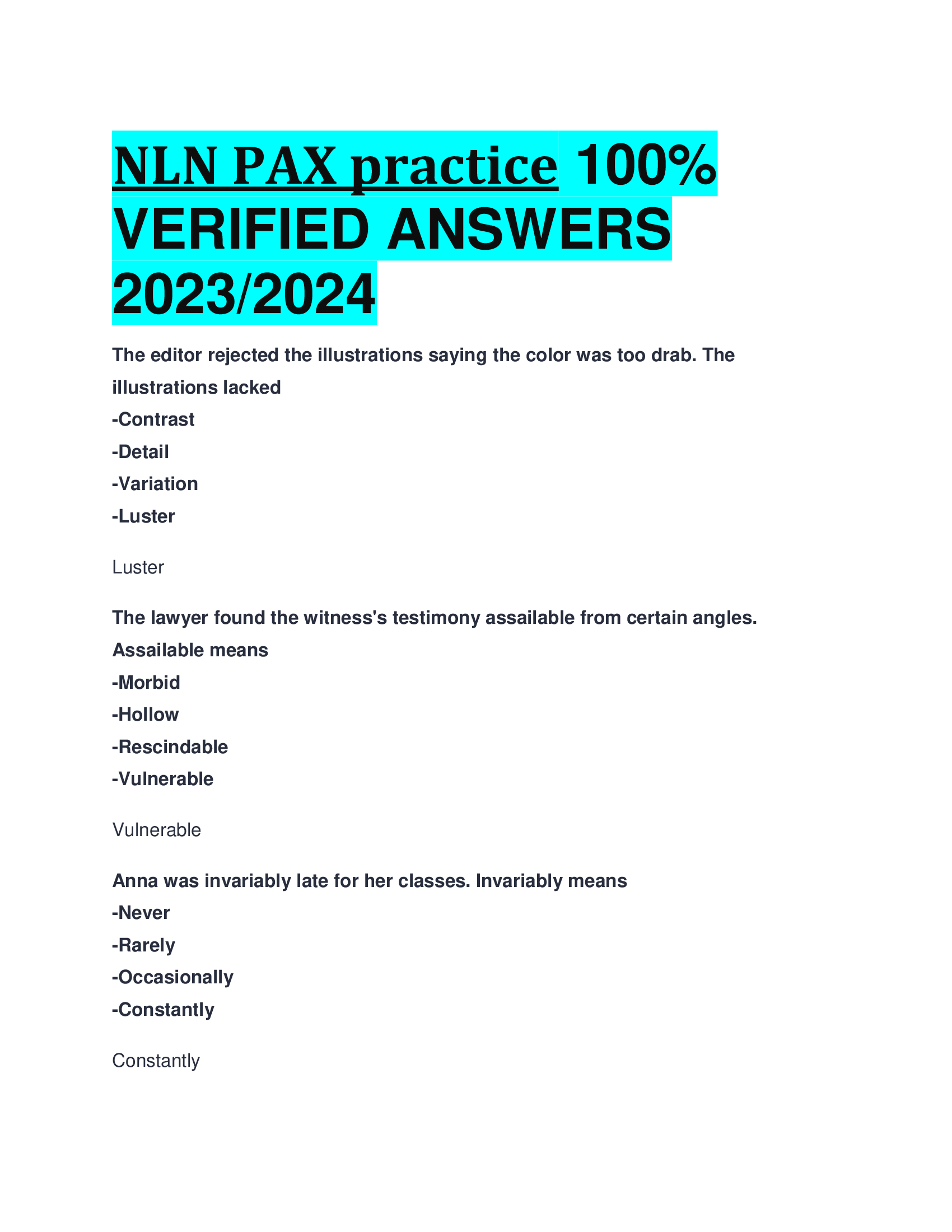 NLN PAX practice  VERIFIED ANSWERS  2023,2024