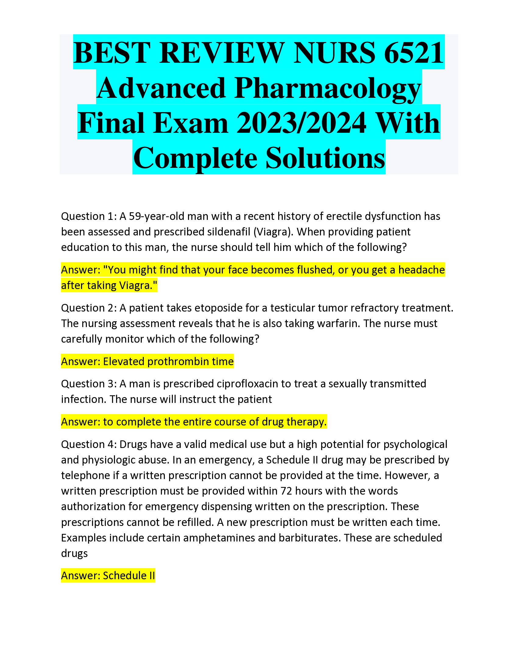 BEST REVIEW NURS 6521  Advanced Pharmacology  Final Exam 2023,2024 With  Complete Solutions